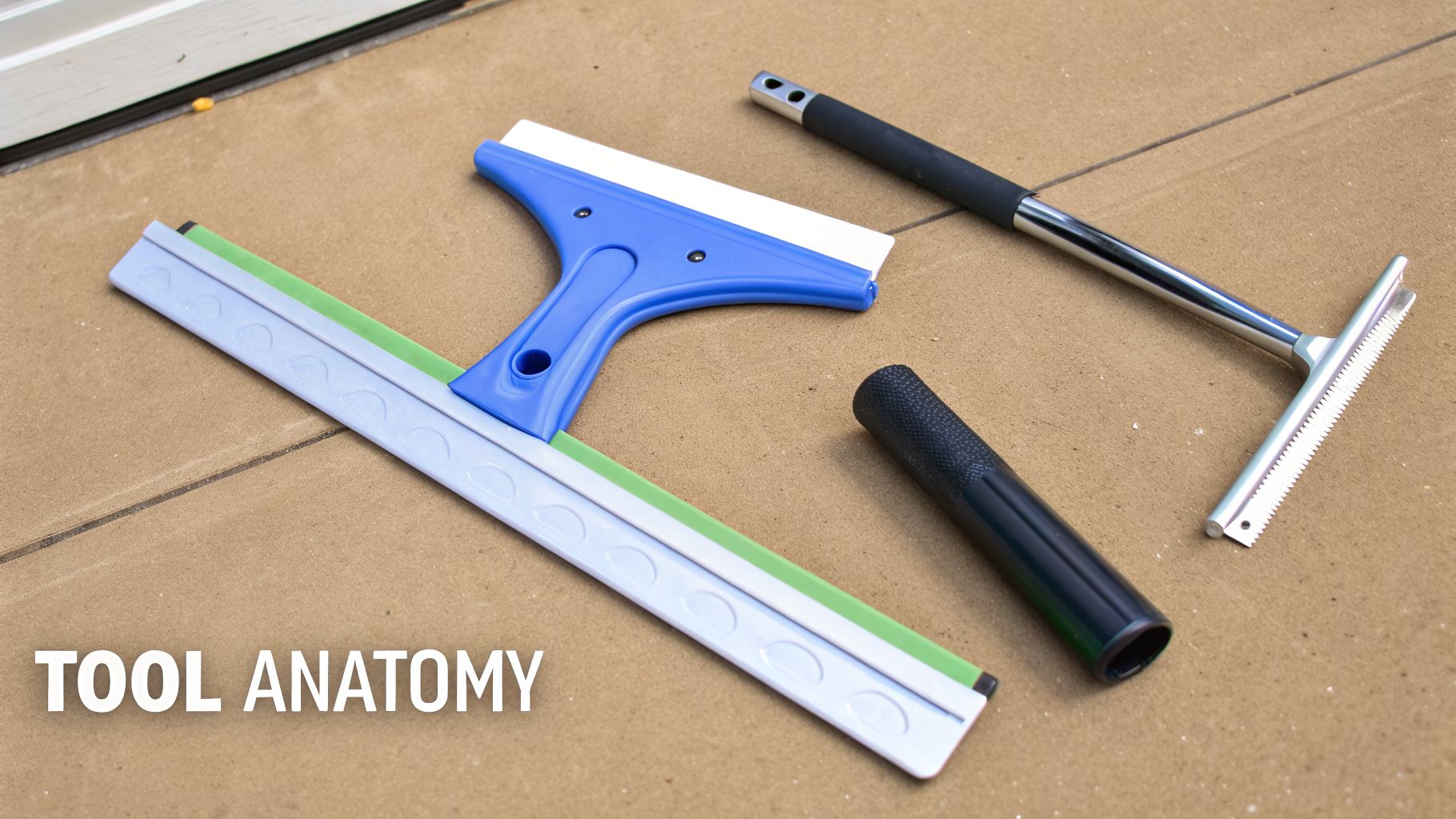 Three professional window cleaning tools, including two squeegees, on a brown surface.