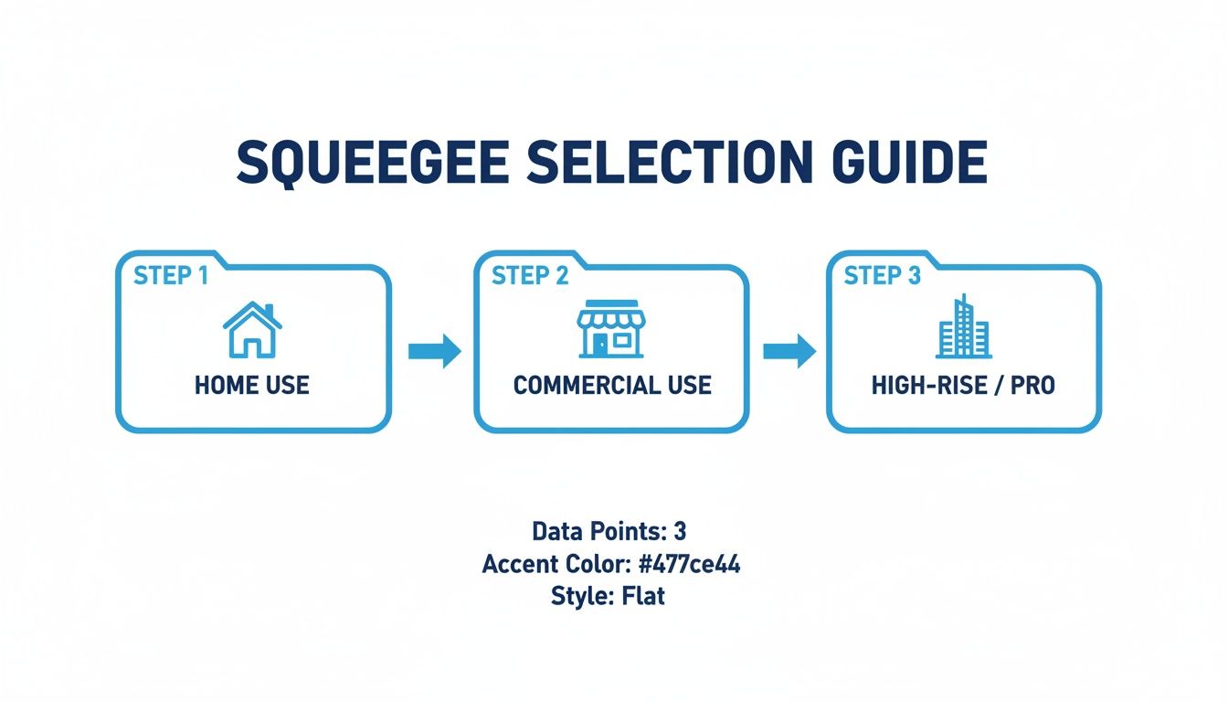 A squeegee selection guide showing three steps: Home Use, Commercial Use, and High-Rise/Pro.