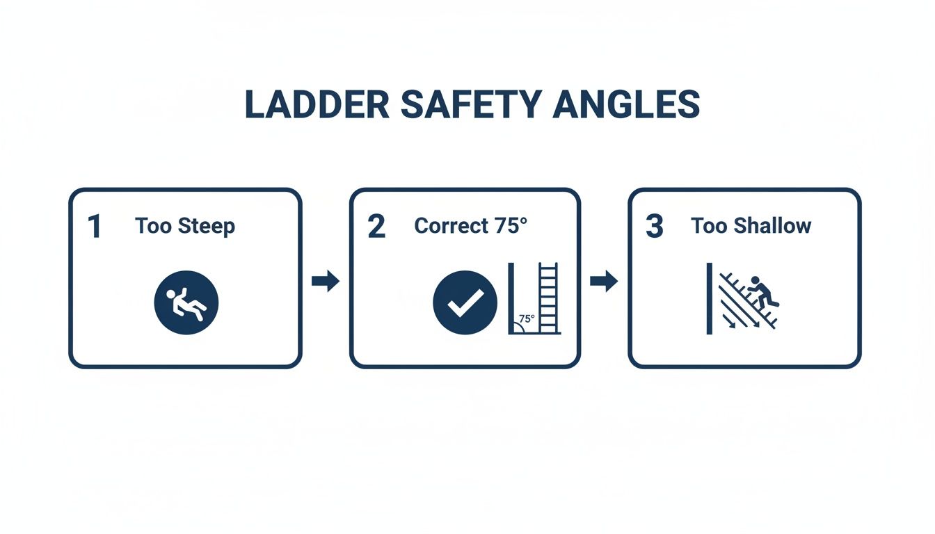 An infographic illustrating ladder safety angles: too steep, correct 75 degrees, and too shallow.