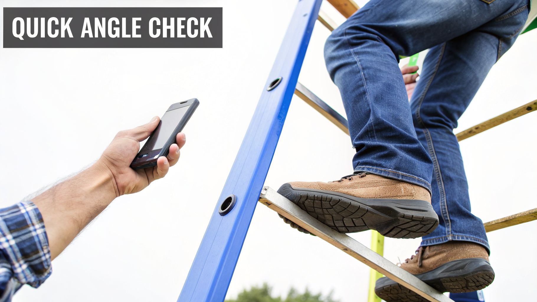 A person uses a smartphone to check the angle of a ladder, highlighting safety.