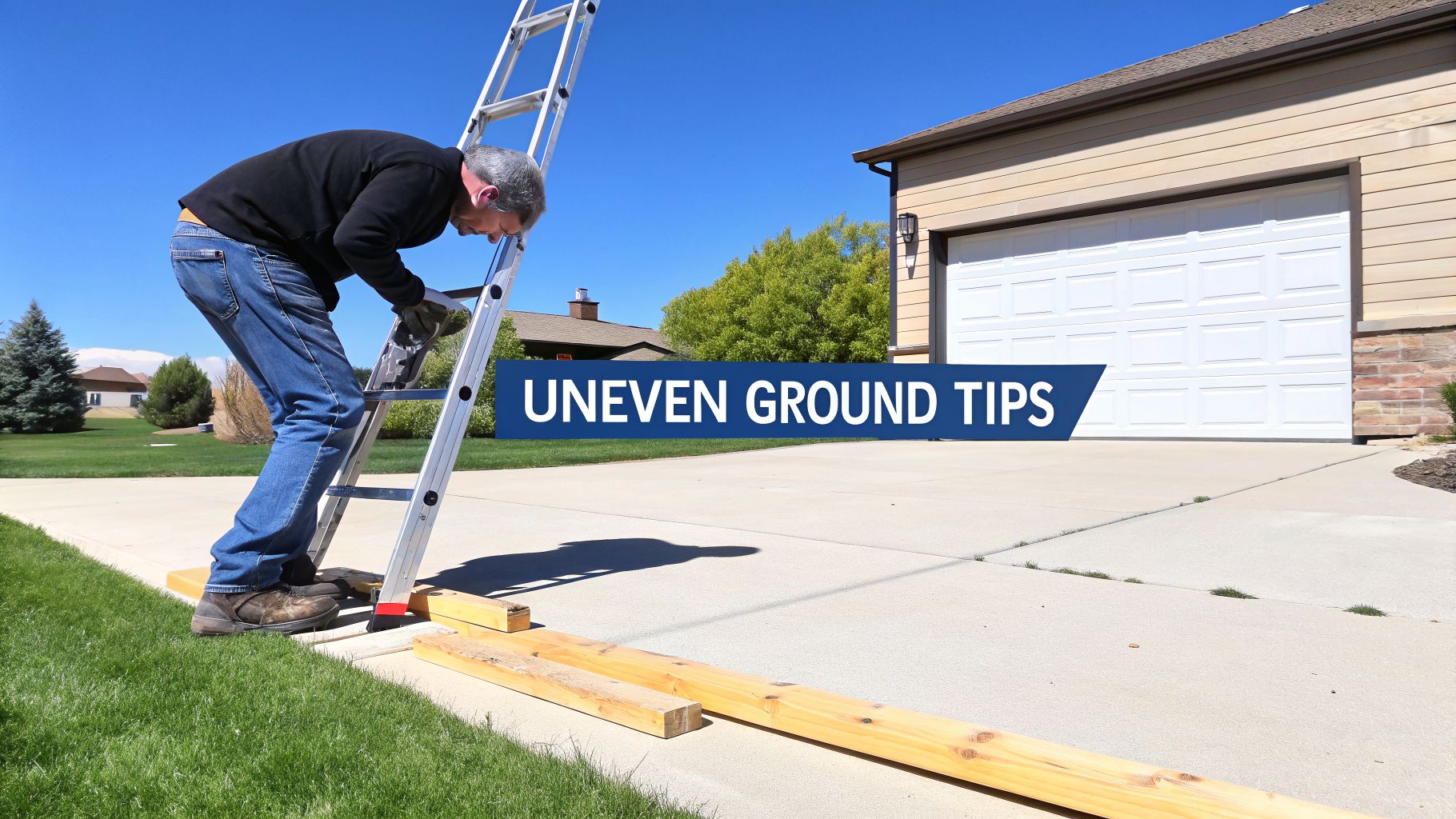 A man uses wooden planks to stabilize a ladder on uneven ground near a concrete driveway.
