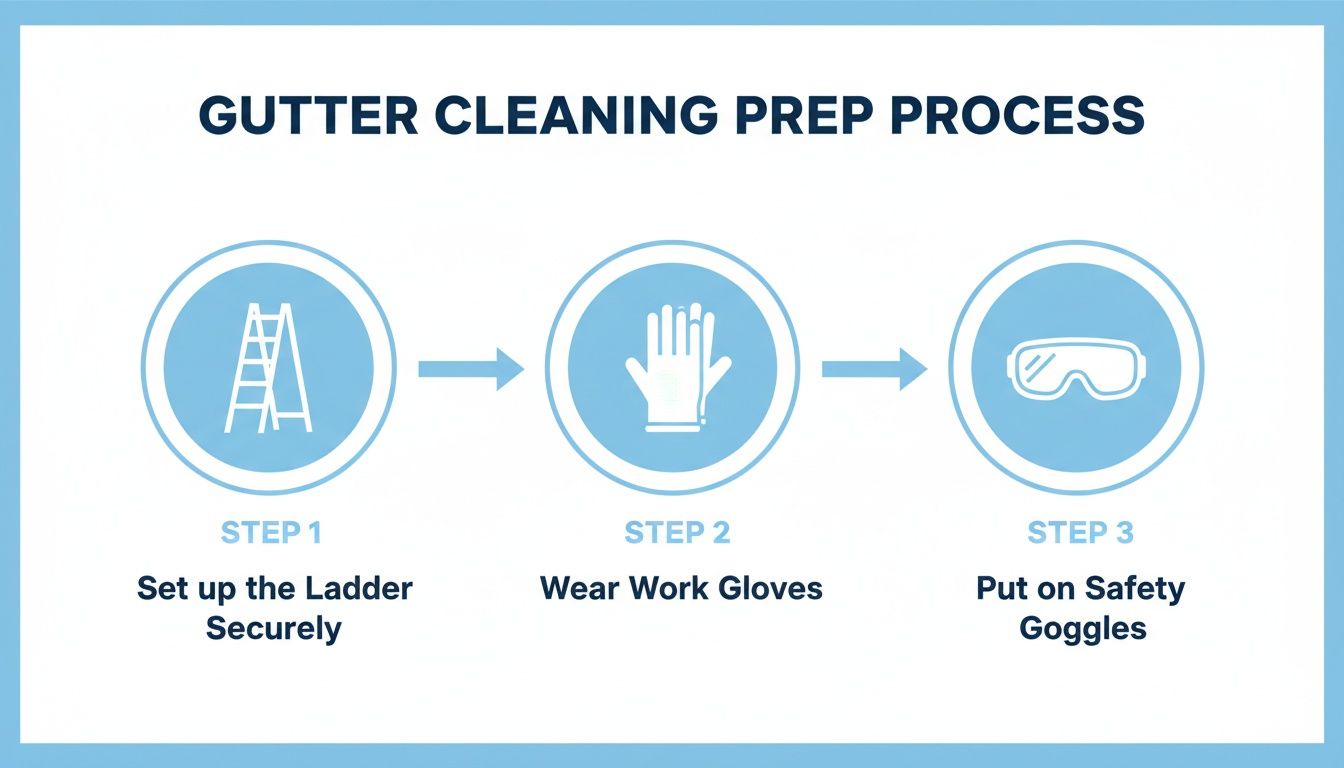 An infographic showing three steps for gutter cleaning preparation: set up ladder, wear work gloves, and put on safety goggles.