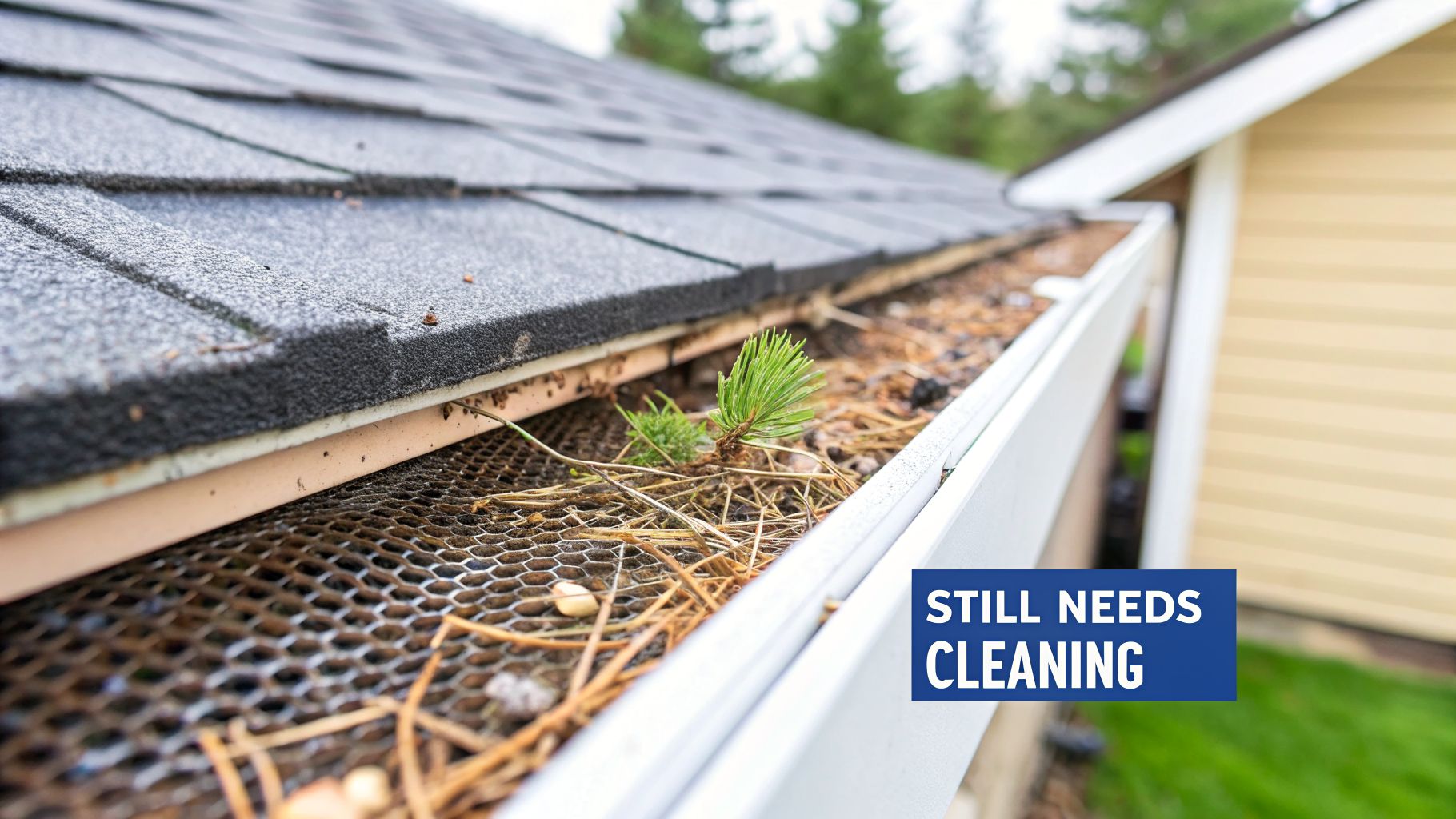A residential gutter with a guard is filled with debris and a pine sapling, clearly needing cleaning.