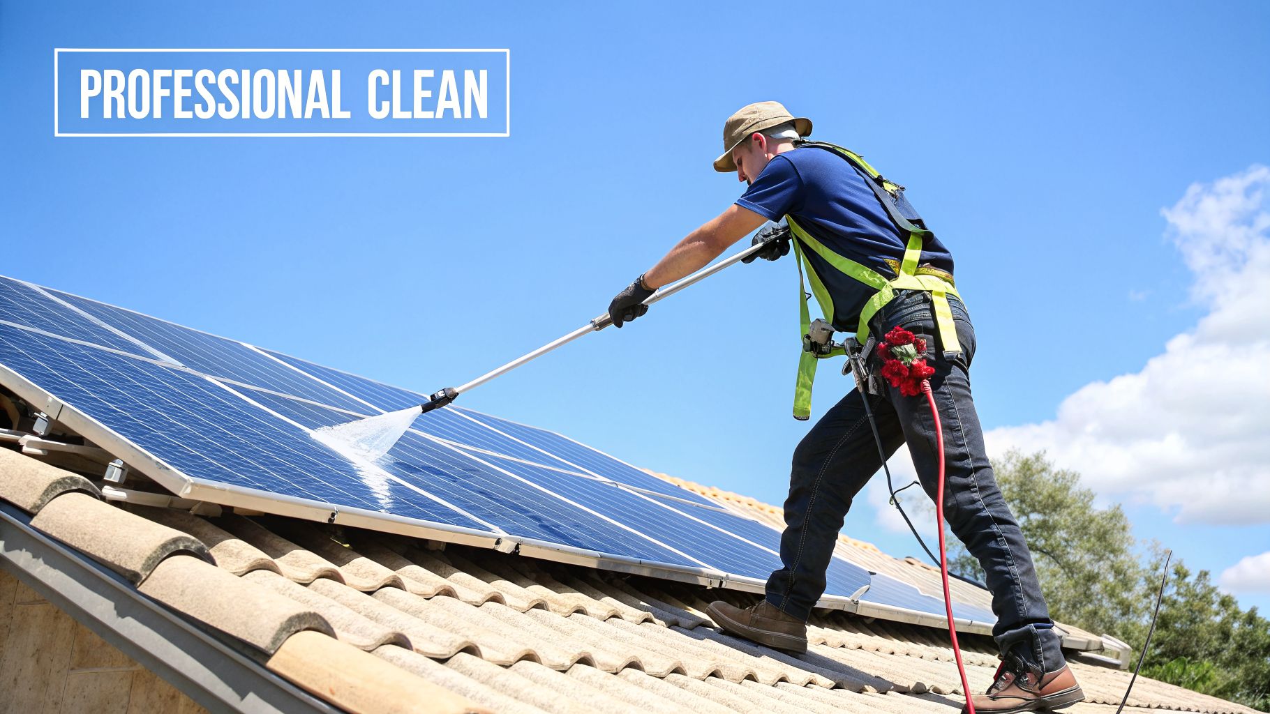 A professional cleaner on a roof, safely cleaning solar panels with a long-handled brush.