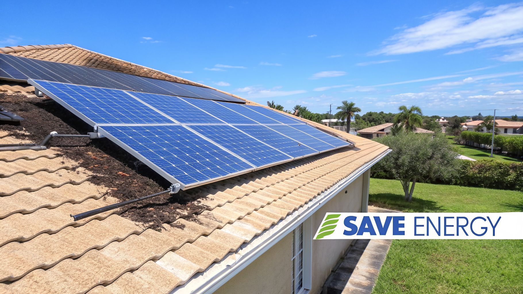 Residential roof with blue solar panels showing dirt and debris, overlooking a neighborhood on a sunny day.