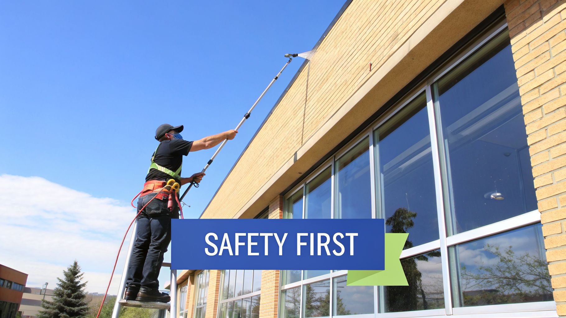 Worker on a ladder using a long pole to clean the exterior of a building with large windows, wearing safety gear.