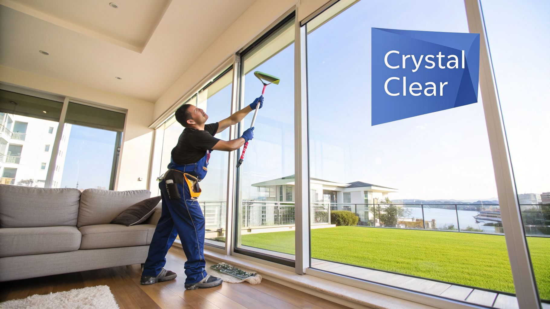 Man in uniform professionally cleaning large, sparkling windows of a modern home with a scenic view.