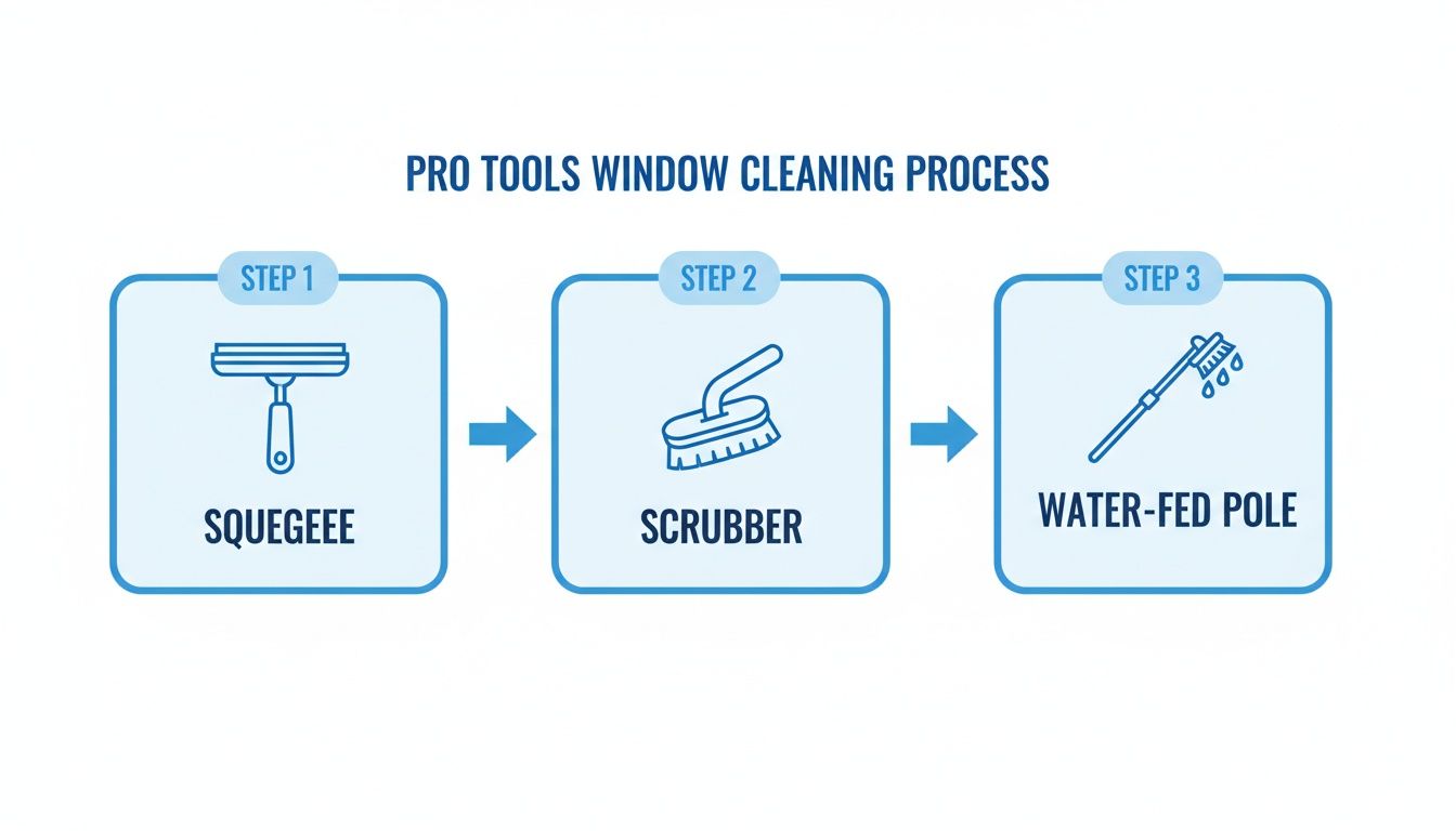 Infographic showing a three-step professional window cleaning process with tools: squeegee, scrubber, and water-fed pole.