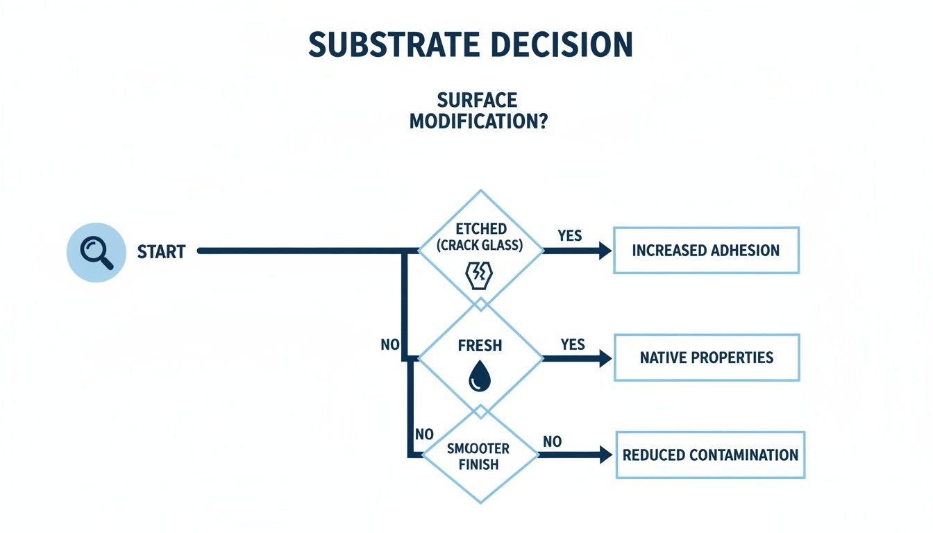 Decision flowchart illustrating substrate surface modification options for desired outcomes like adhesion and contamination.