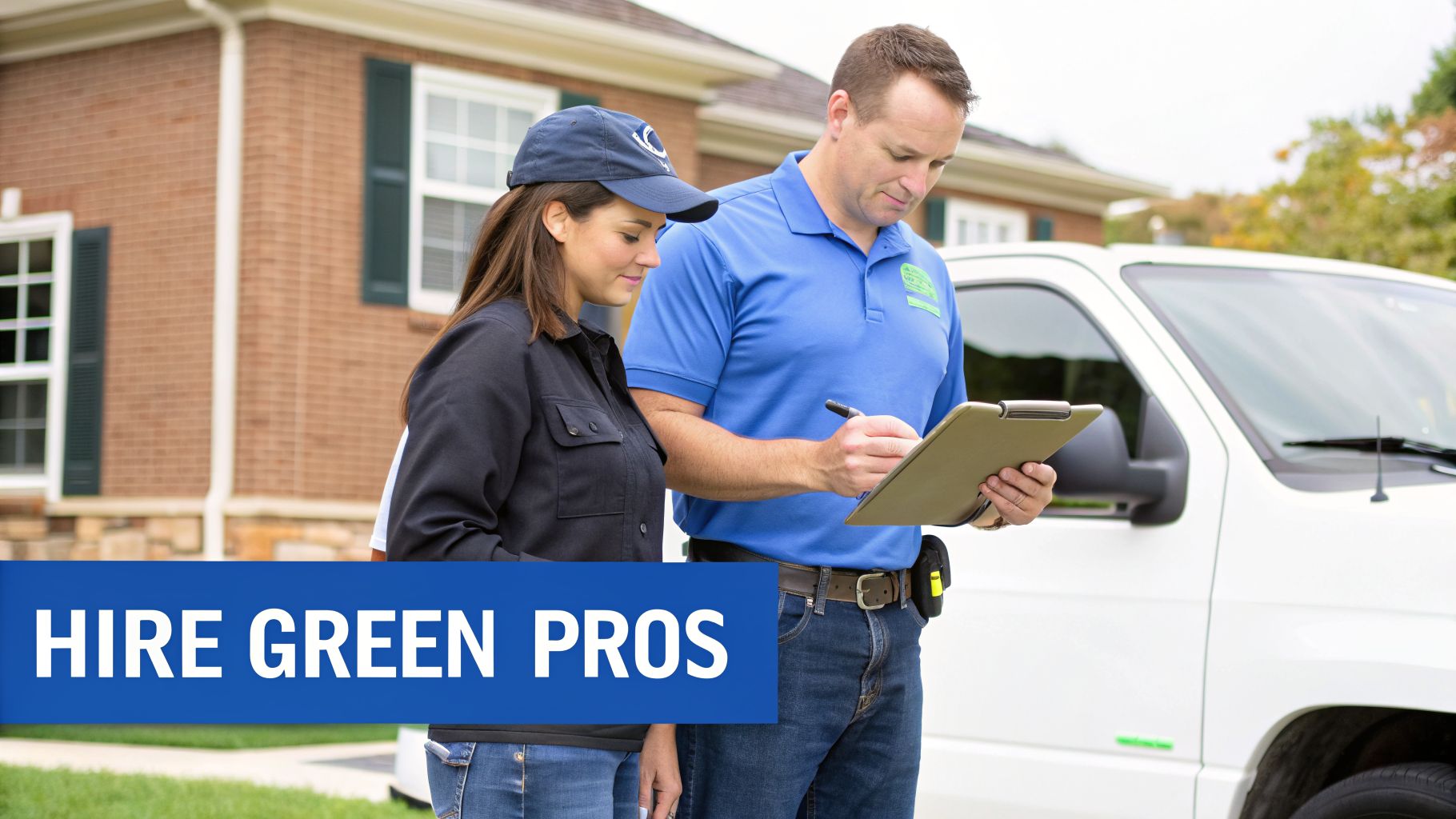 Two eco-friendly service professionals review a clipboard outside a home with a white service truck.