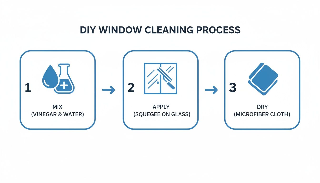 Infographic showing three steps for DIY window cleaning: mix, apply, and dry.