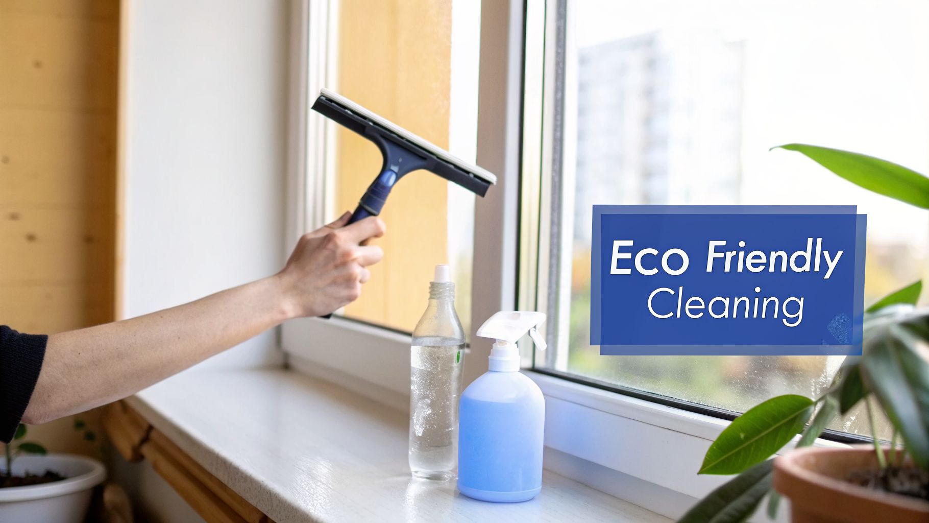A person uses a squeegee to clean a window, with eco-friendly cleaning bottles on the sill.