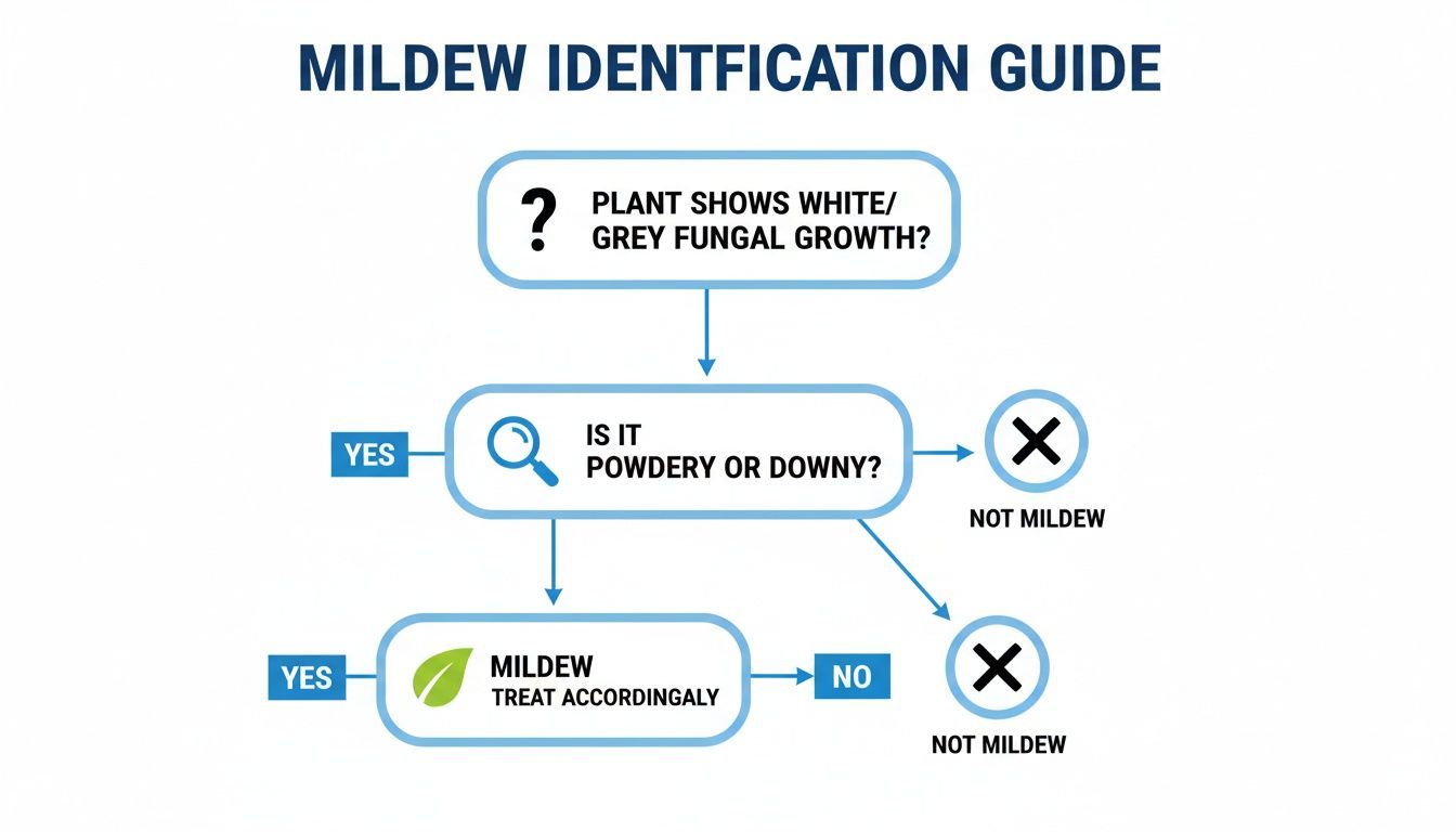 Flowchart guide to identify mildew on plants, asking about fungal growth, powdery or downy texture.