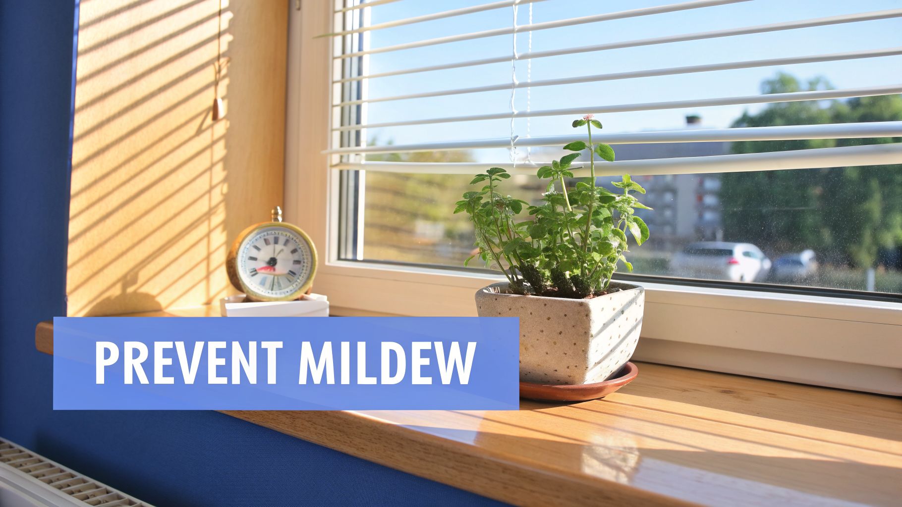 A windowsill with a potted plant, an old alarm clock, and sunlight through blinds, with a 'PREVENT MILDEW' banner.