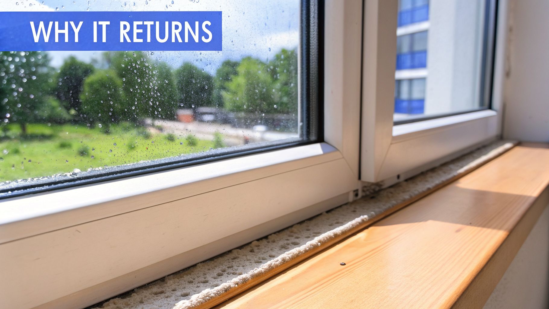 Window pane covered in condensation with a wooden windowsill and a view of trees.