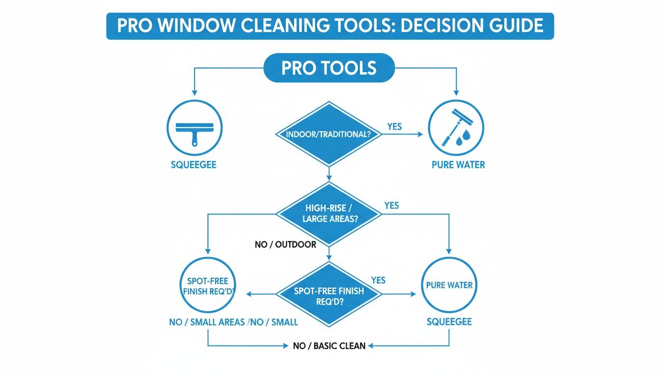 Flowchart decision guide for professional window cleaning tools, based on indoor/outdoor and area size.