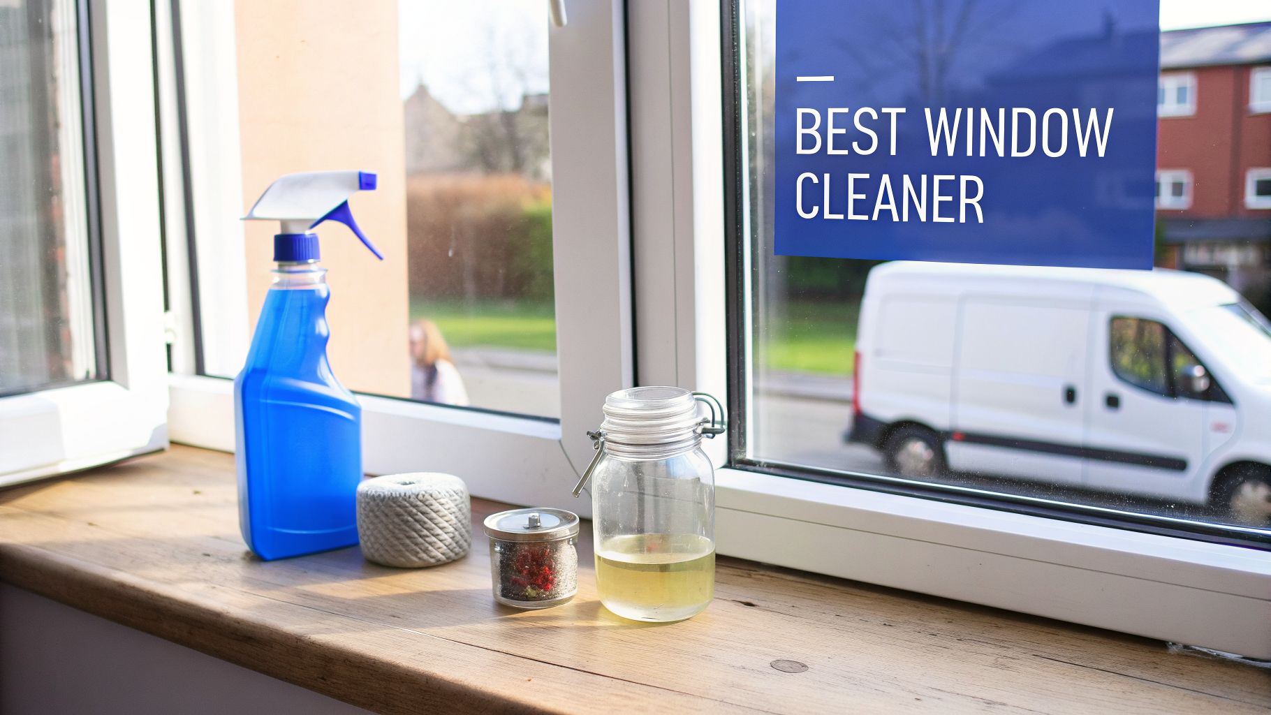 A blue spray bottle, glass jar with liquid, and a small container on a wooden window sill with an outdoor view and 'BEST WINDOW CLEANER' text.