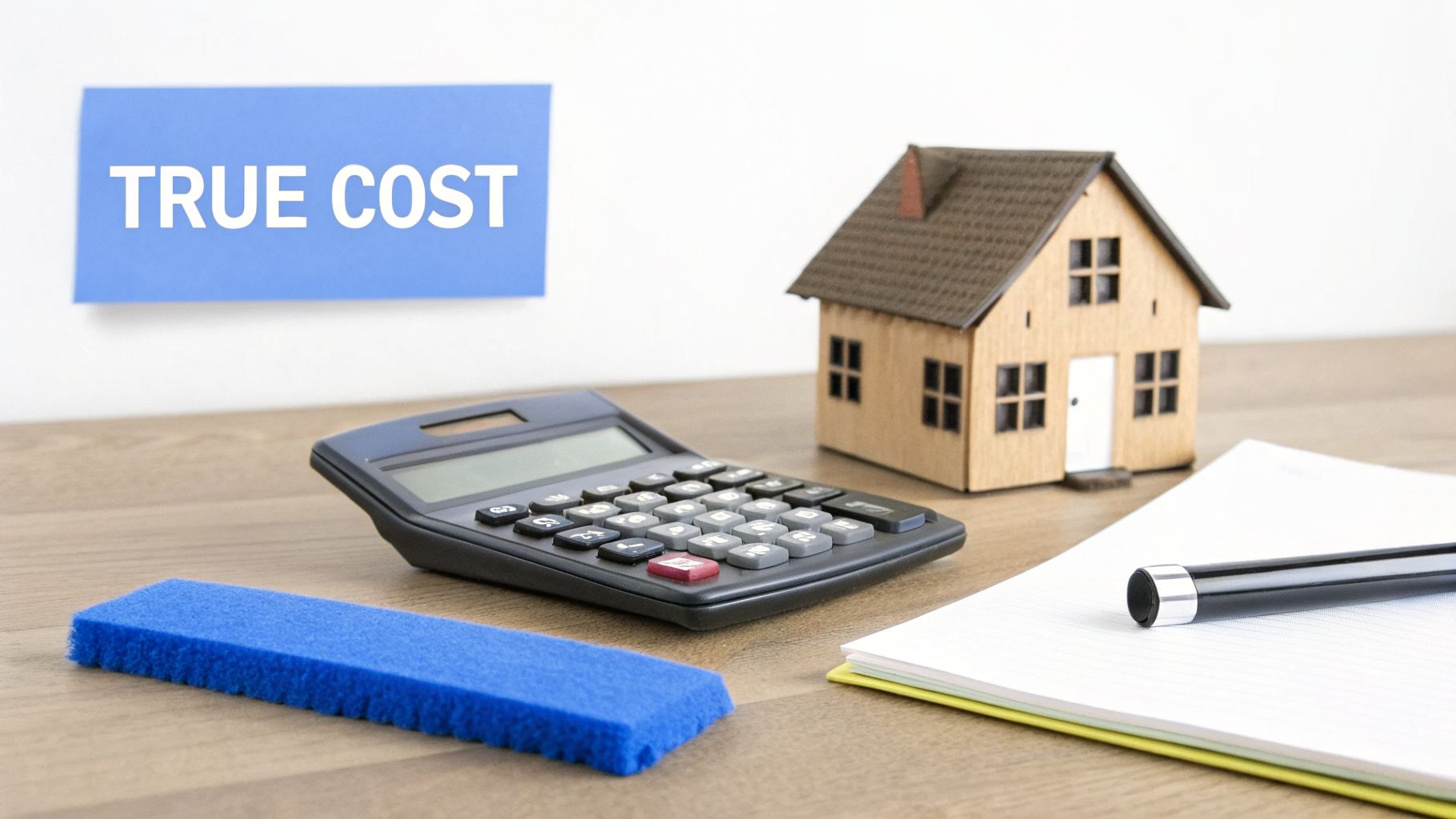 A calculator, model house, and notebook on a desk with a blue 'TRUE COST' sign.