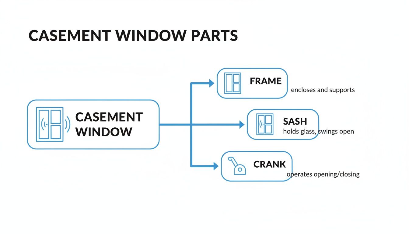 Diagram illustrating the parts of a casement window, including the frame, sash, and crank with descriptions.