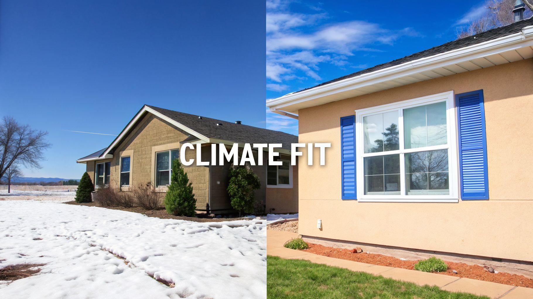 Split image of a house in winter and summer, highlighting casement style windows and climate adaptation.