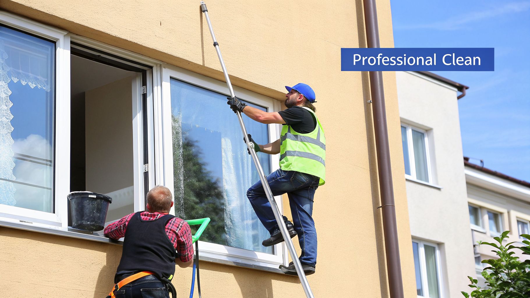Two professional window cleaners meticulously cleaning casement style windows of a building on a sunny day.