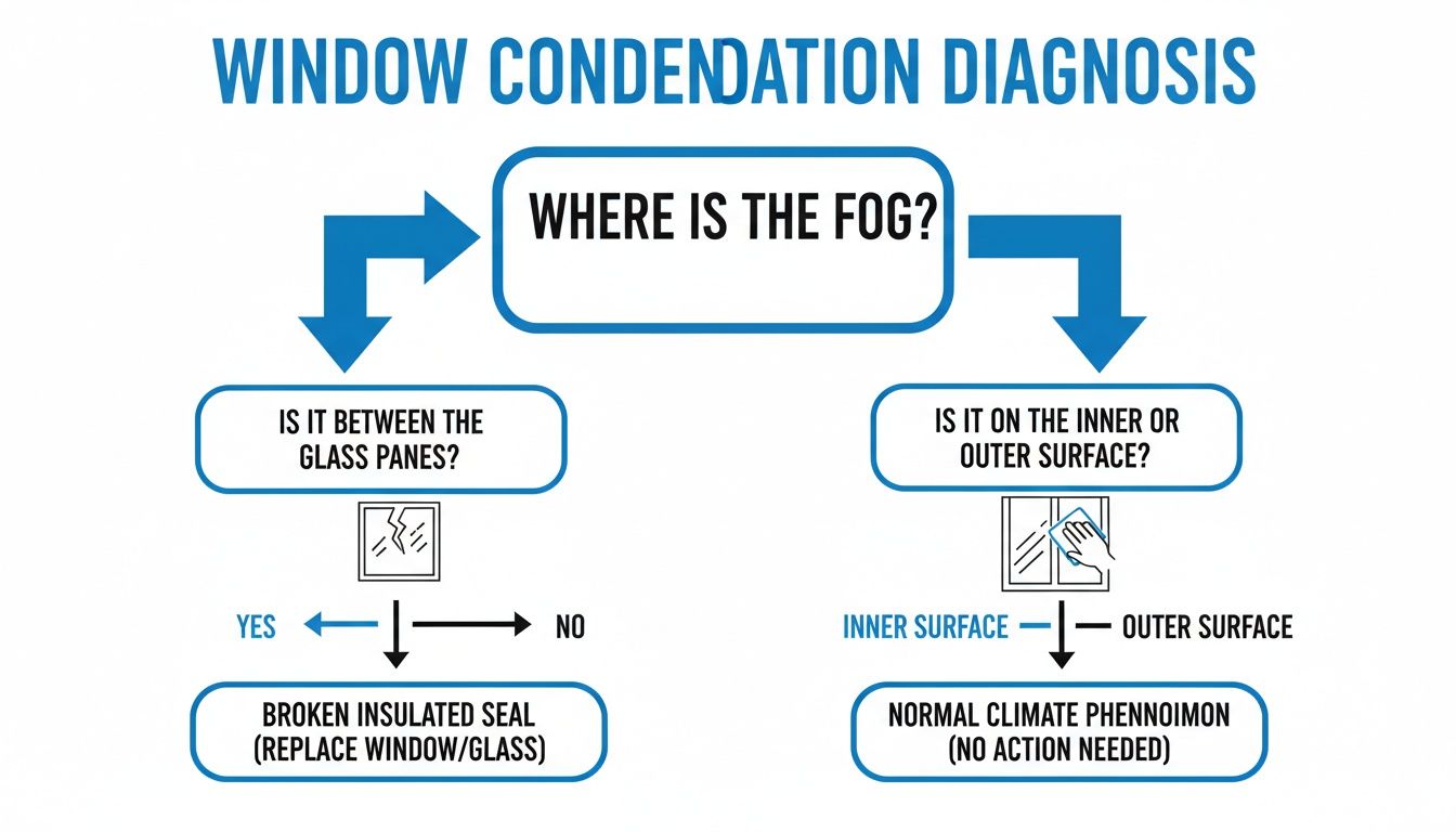 Flowchart diagnosing window condensation: fog between panes indicates a broken seal, while fog on inner or outer surface is normal.
