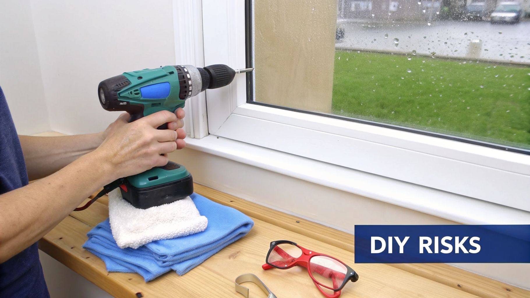 Hands hold a drill near a white window frame, illustrating DIY work and potential risks.