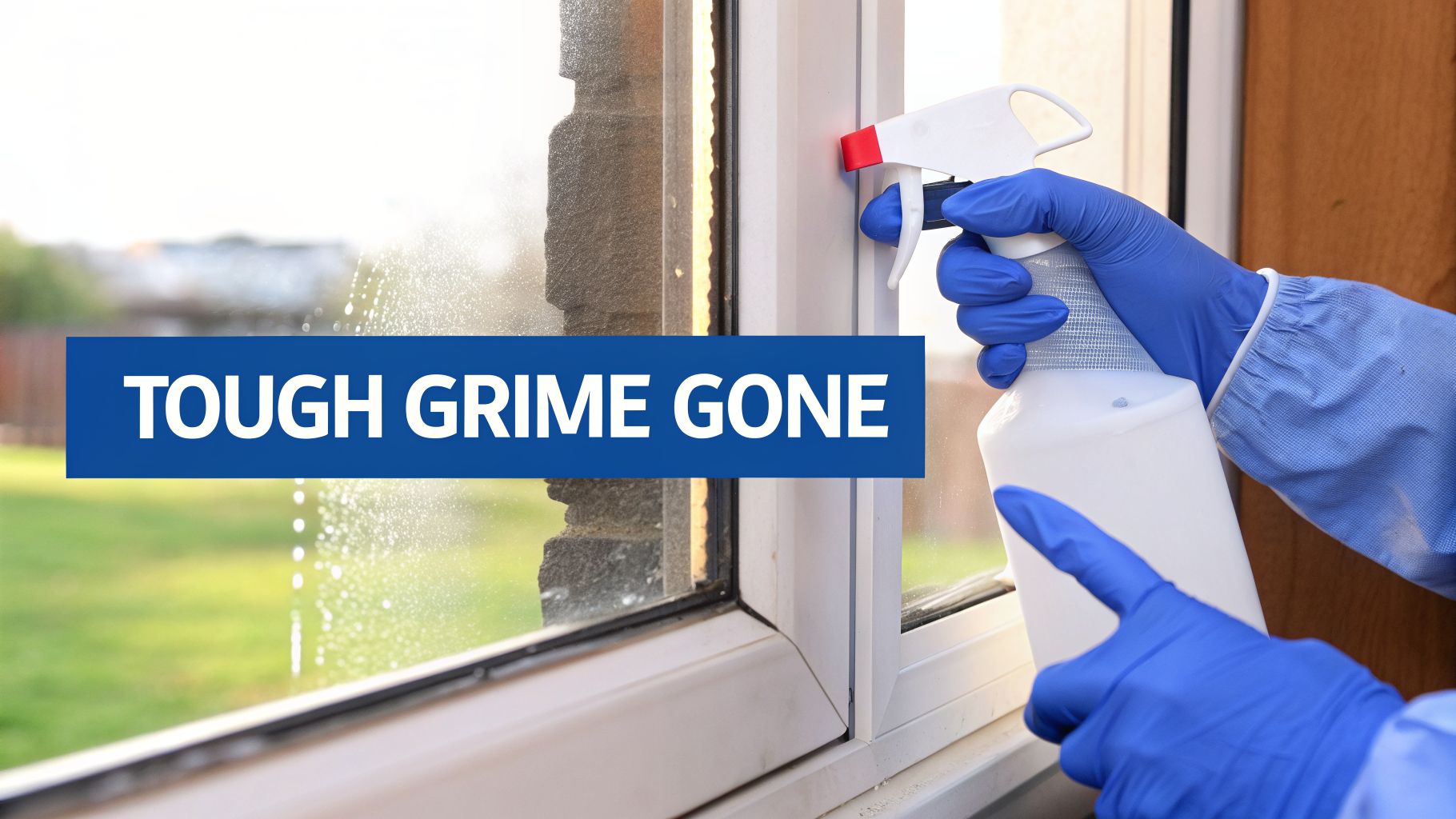 A person in blue gloves sprays a dirty window with cleaning solution, removing tough grime.