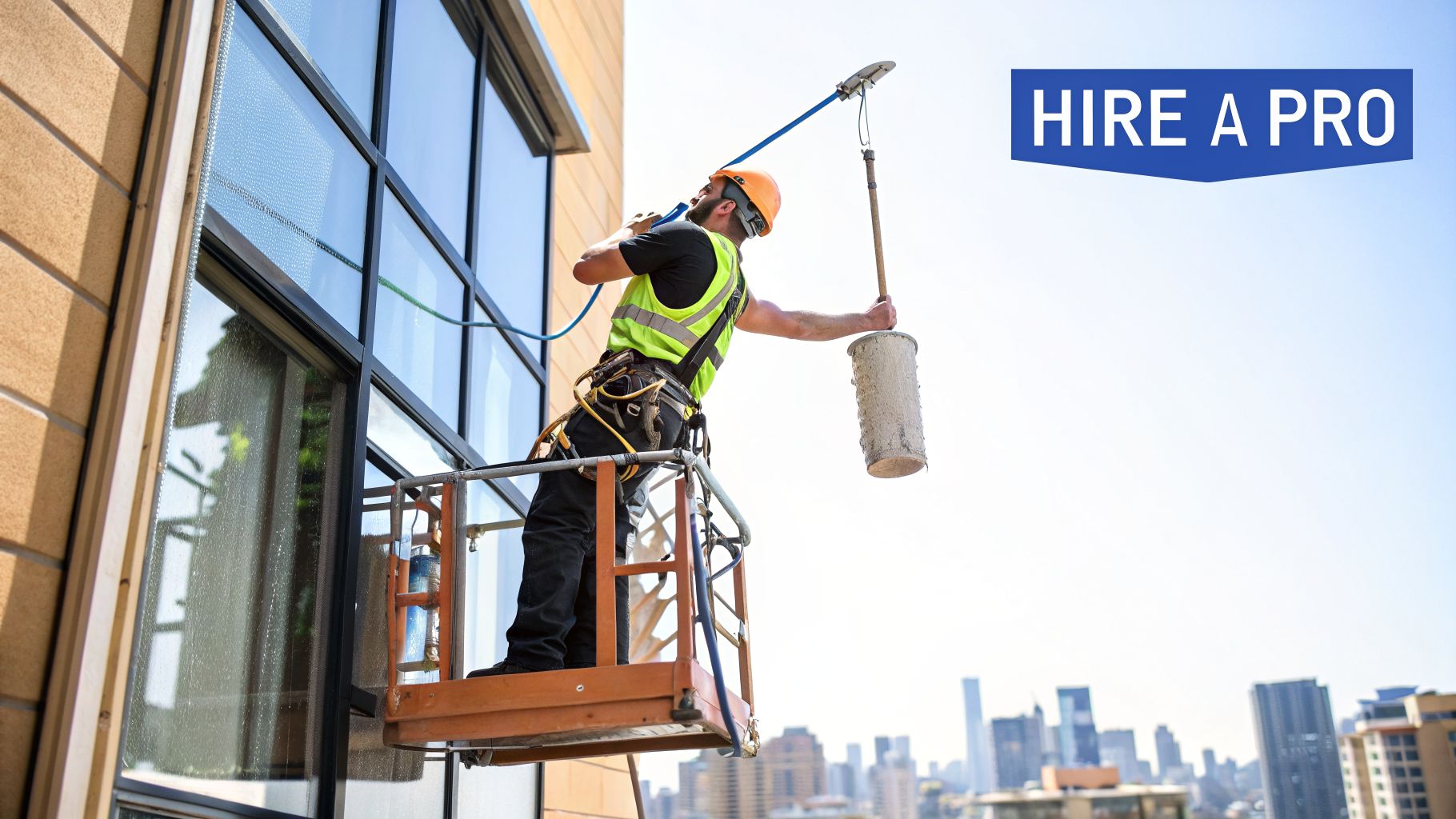 A professional window cleaner on a scaffold washing a tall building's windows, with a city skyline.
