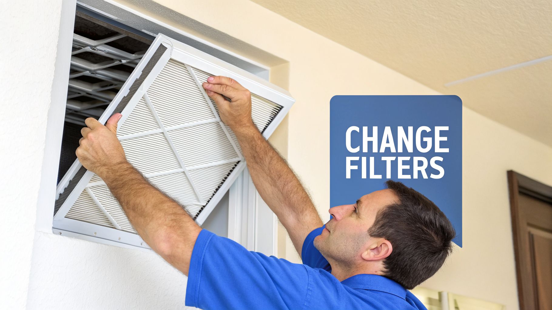 A man replaces a dirty air filter in a ceiling HVAC vent, promoting clean air.