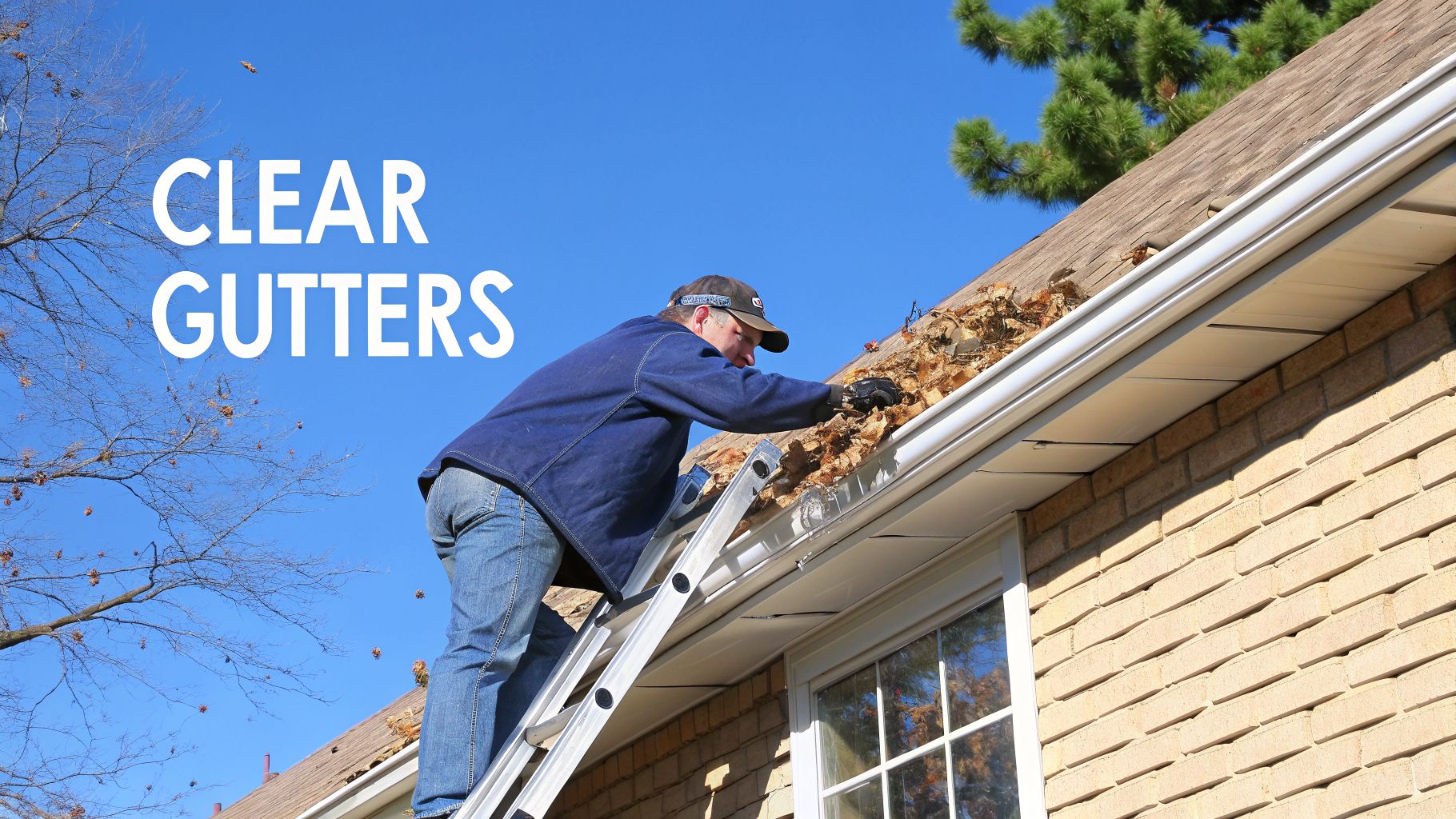 A man on a ladder cleaning leaves and debris from house gutters under a clear blue sky.