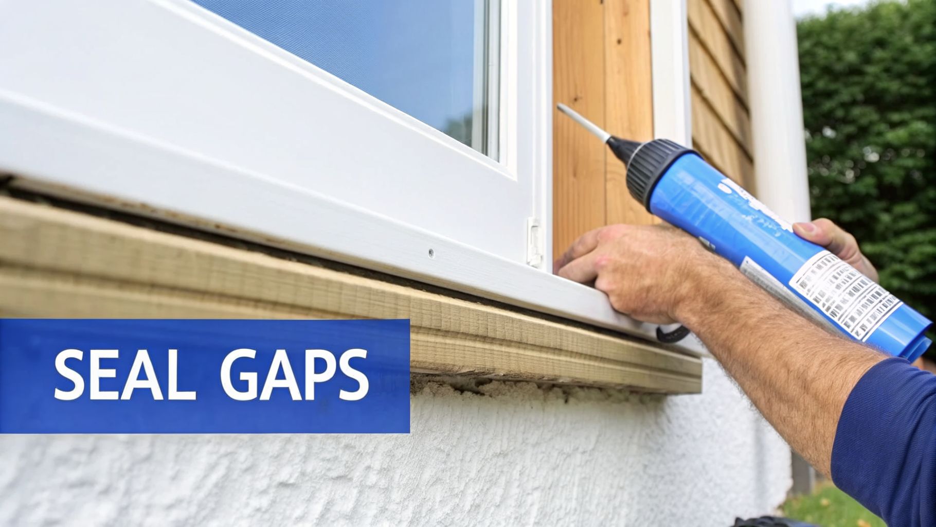 Hands applying caulk with a blue gun to seal gaps around a white window frame.