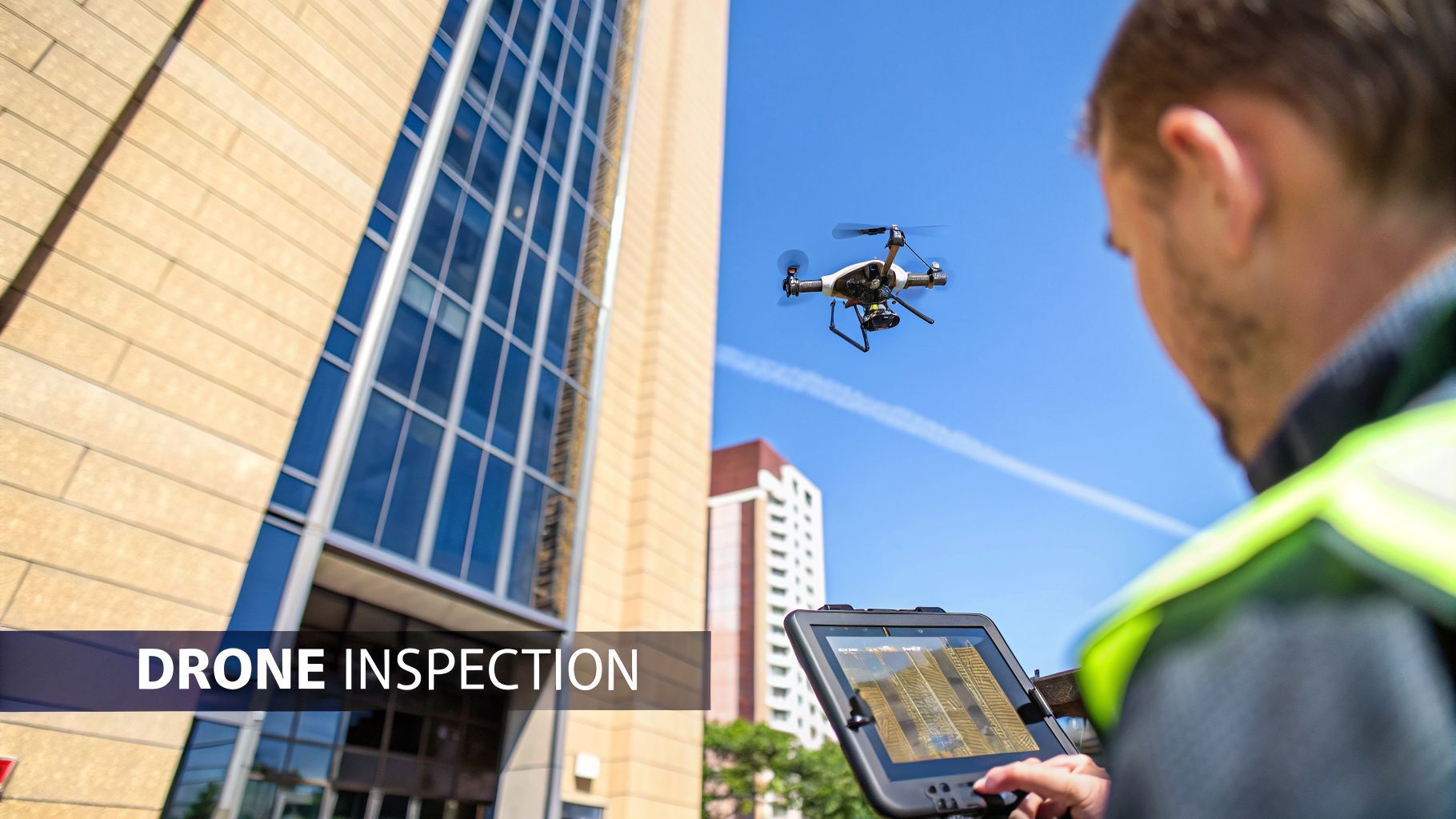 A person in a safety vest controls a drone inspecting a tall building with a tablet.