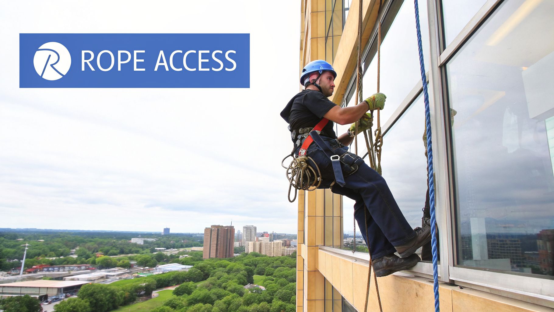 A professional window cleaner uses rope access to clean windows on a tall building, with a city skyline in the background.