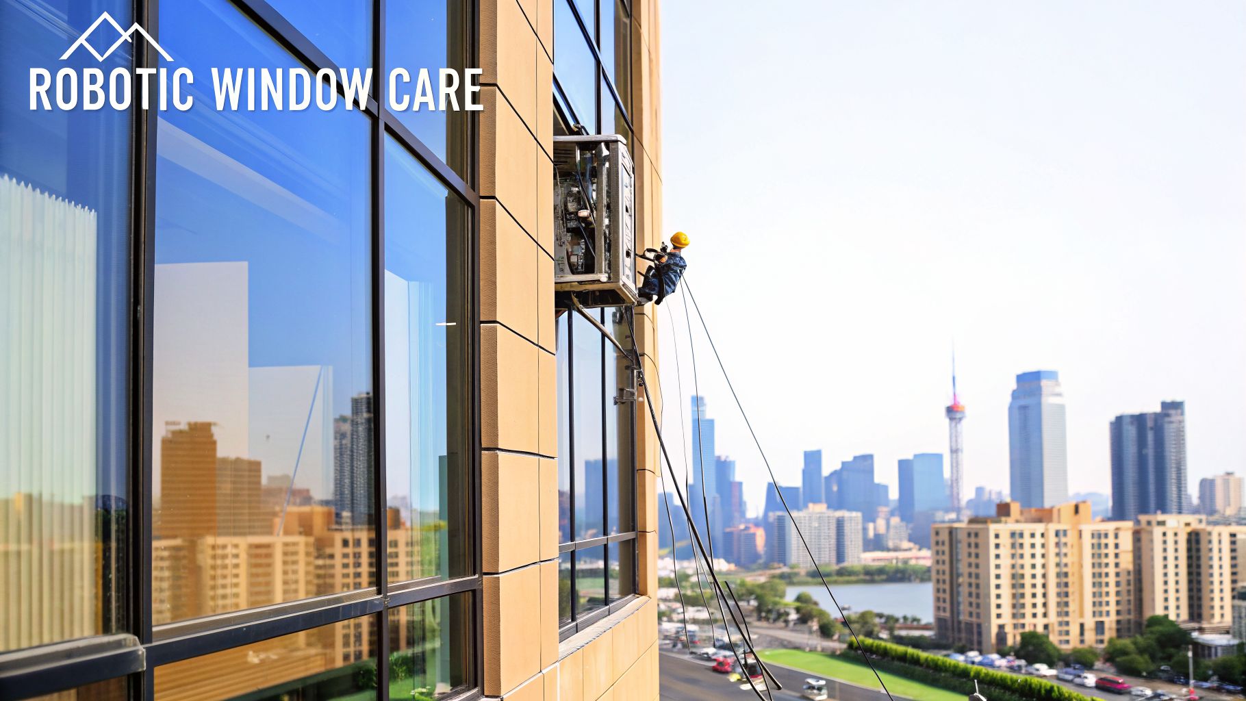 A robotic window cleaning machine with a worker on a modern skyscraper overlooking a bustling city.