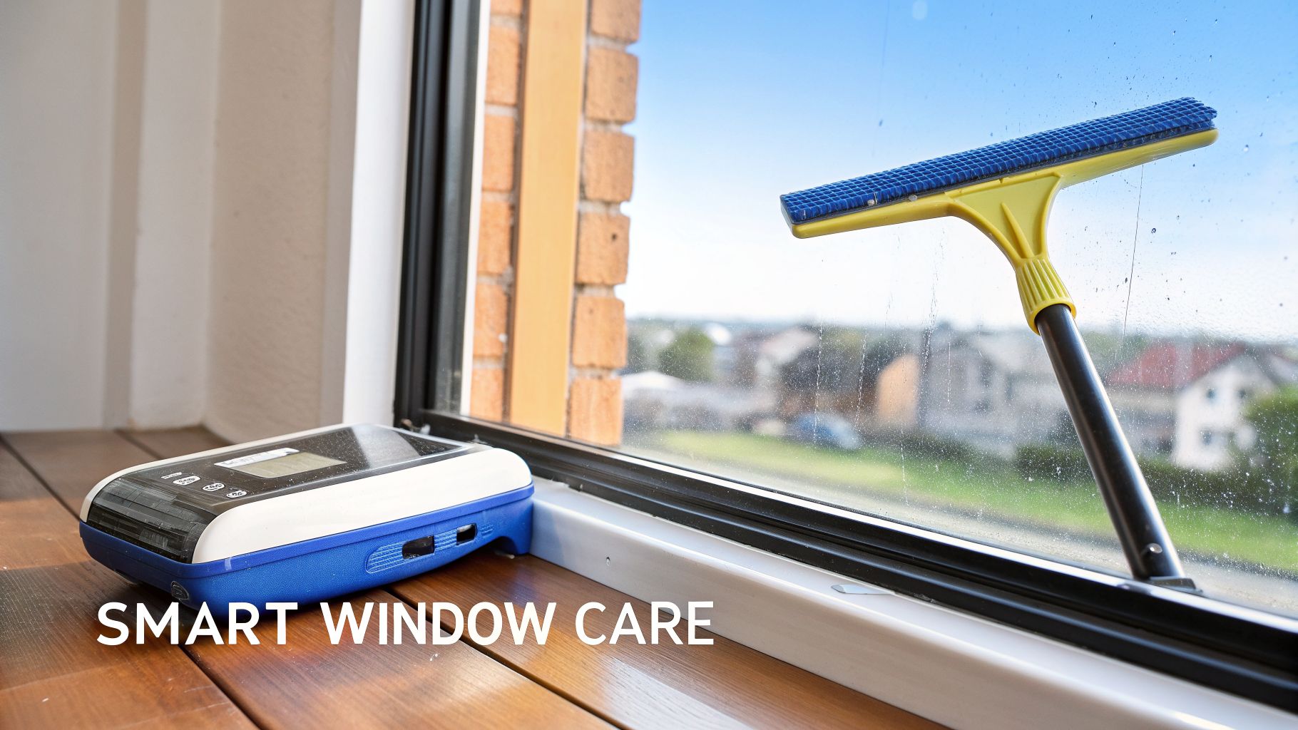 A modern window cleaning device sits on a wooden sill next to a window being cleaned with a squeegee.