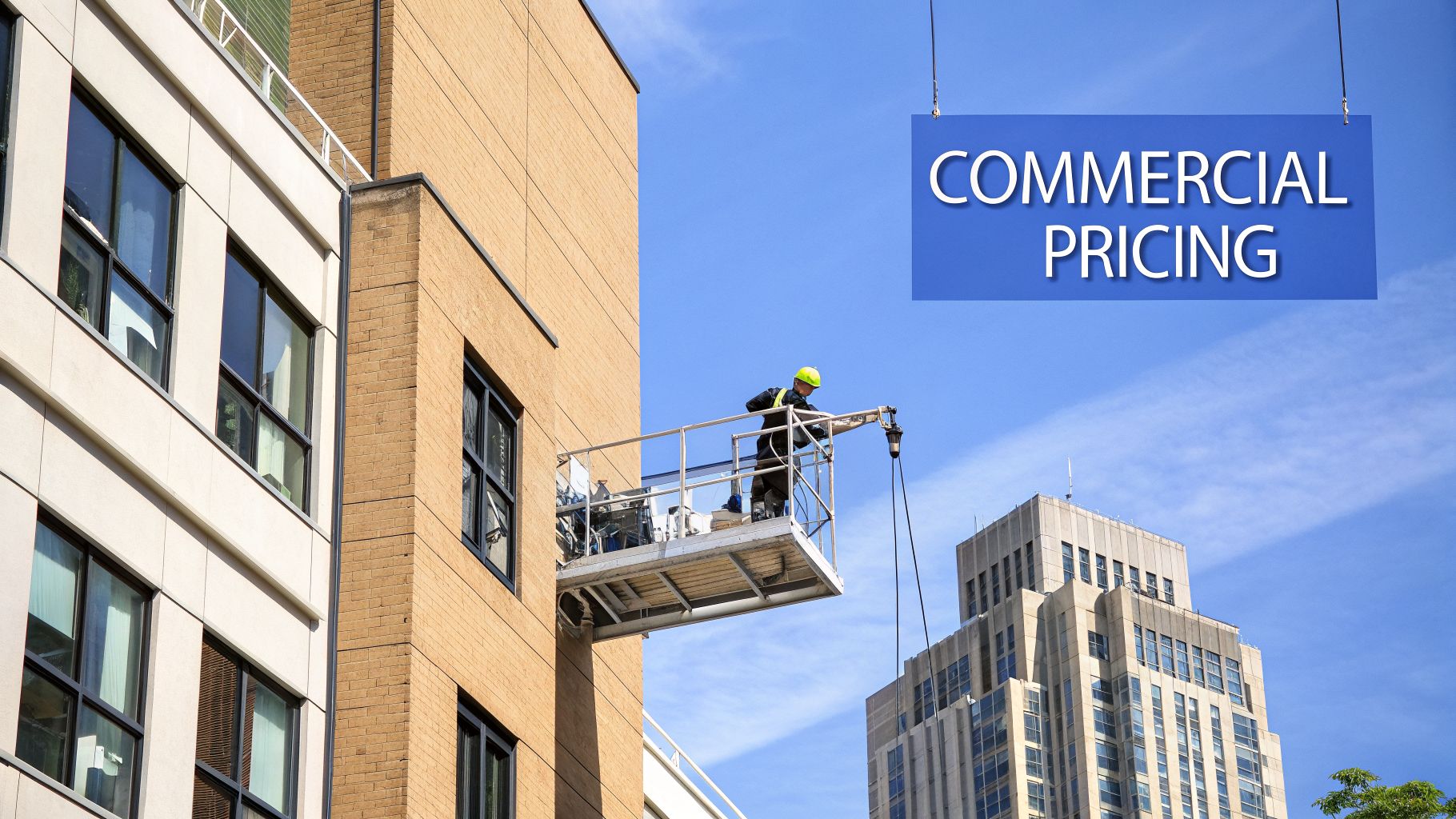 A worker on a suspended platform cleans a tall commercial building with a 'Commercial Pricing' sign.