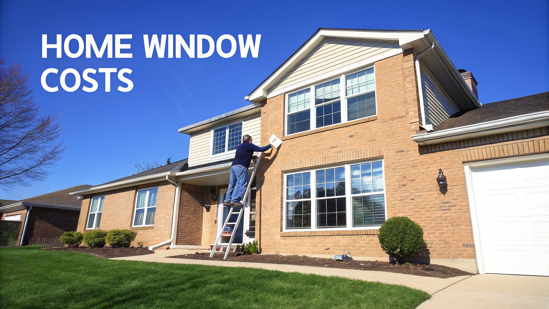 A person cleaning windows on a modern brick house with text 'HOME WINDOW COSTS'.