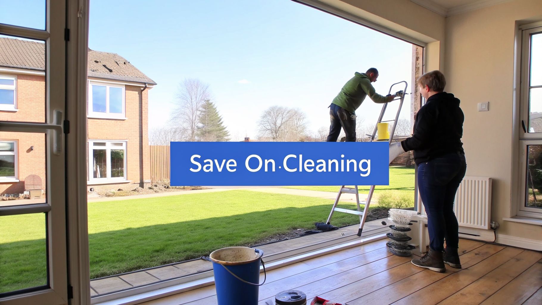 Two window cleaners meticulously cleaning large glass windows of a house on a sunny day.