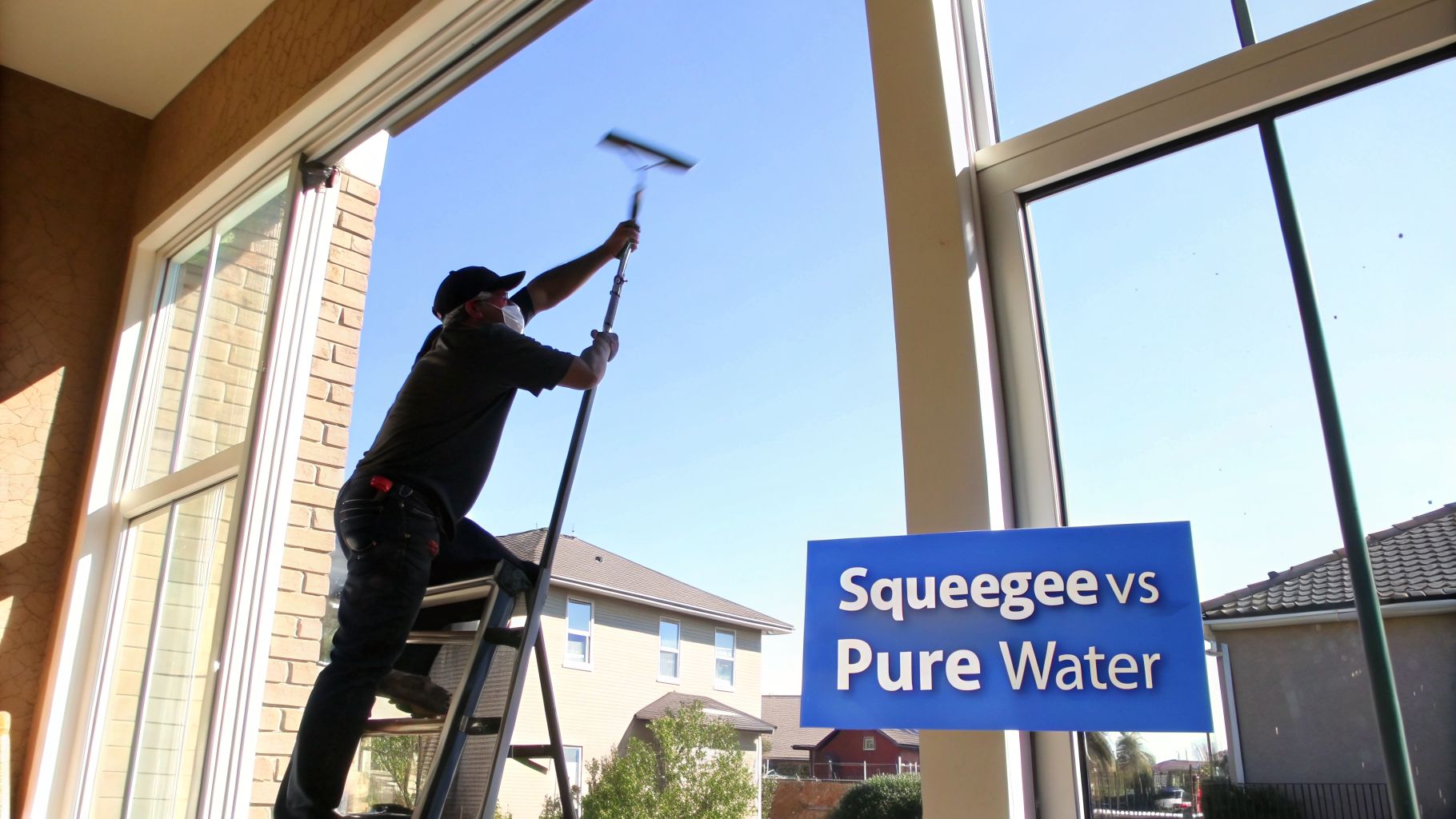 A professional window cleaner on a ladder uses a long squeegee to clean a large glass window.