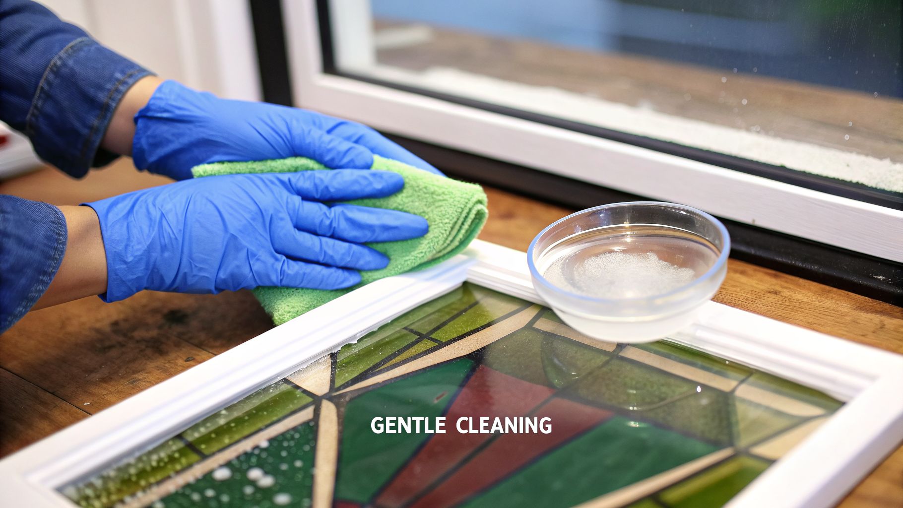 Person in blue gloves gently cleaning a stained glass art window with a green cloth and cleaning solution.