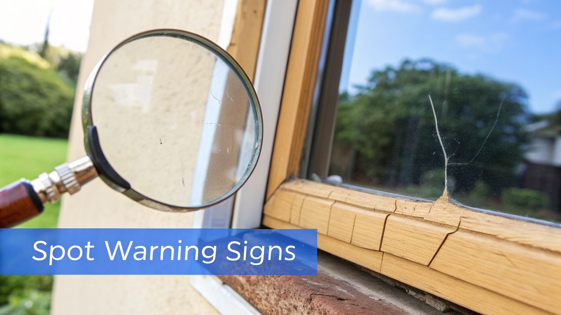 A magnifying glass inspecting a severely cracked window pane and a broken wooden window frame, highlighting damage.