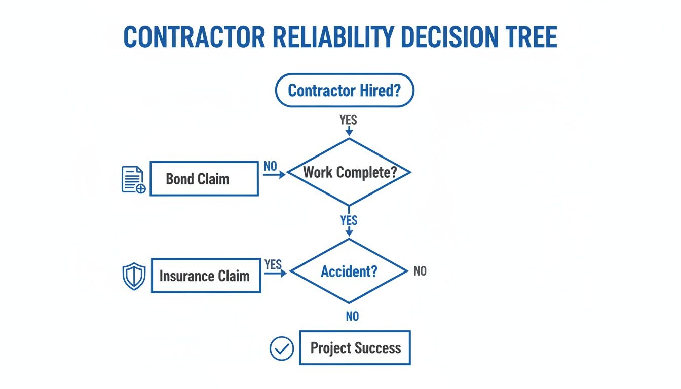 Flowchart illustrating a contractor reliability decision tree, outlining steps for project success or claims.