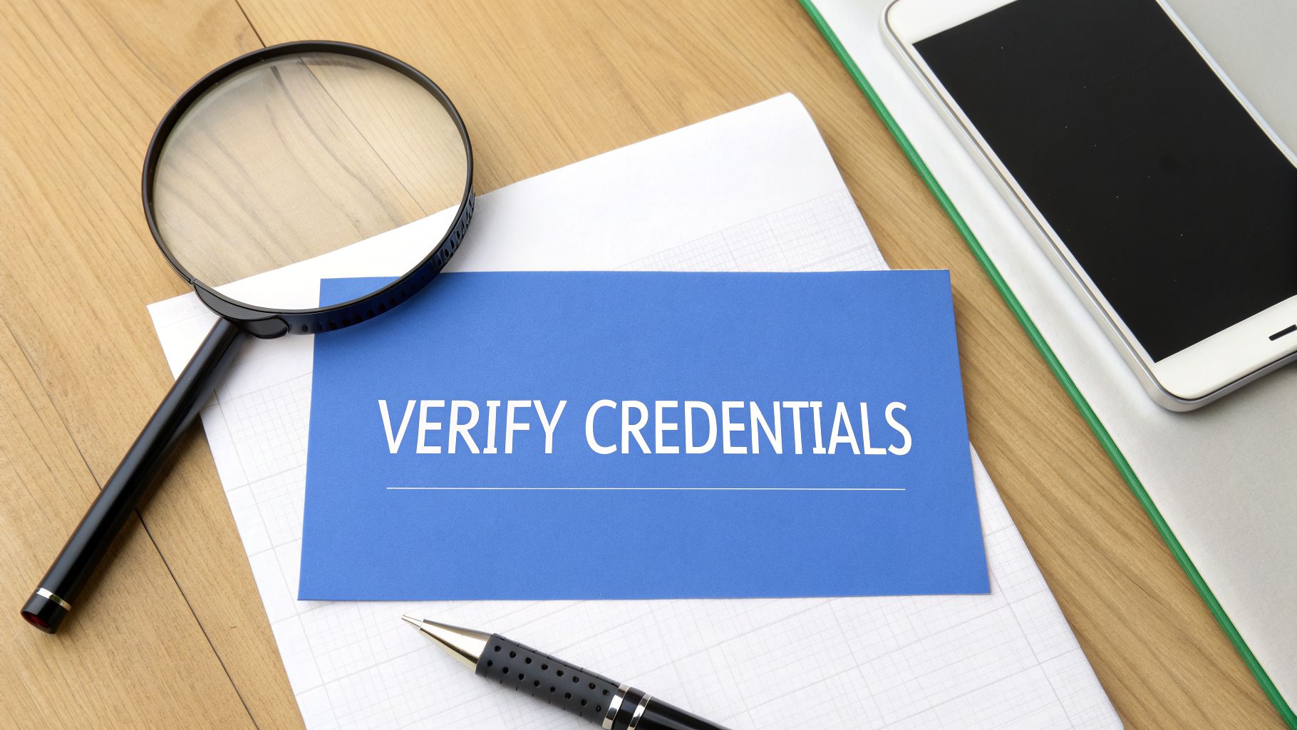 A magnifying glass, pen, smartphone, and a blue card with 'VERIFY CREDENTIALS' on a wooden desk.