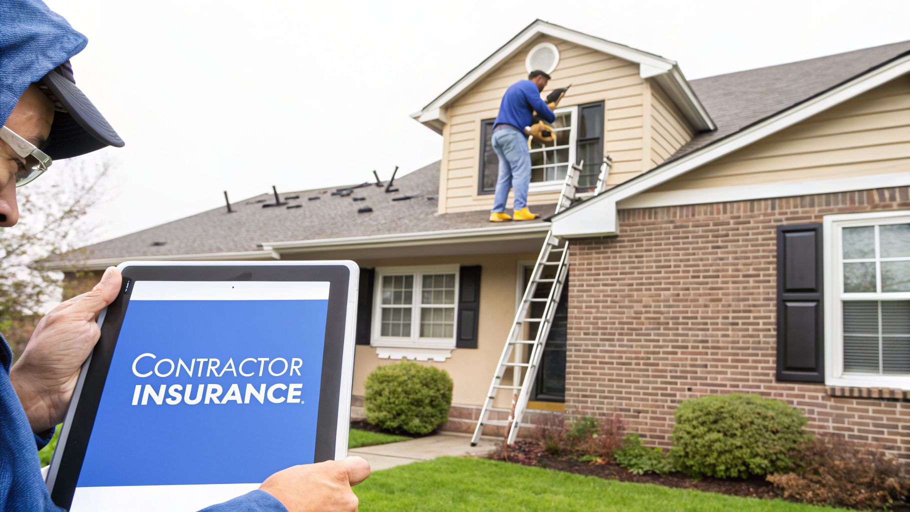 A person holds a tablet displaying 'Contractor Insurance' while a contractor works on a house roof.