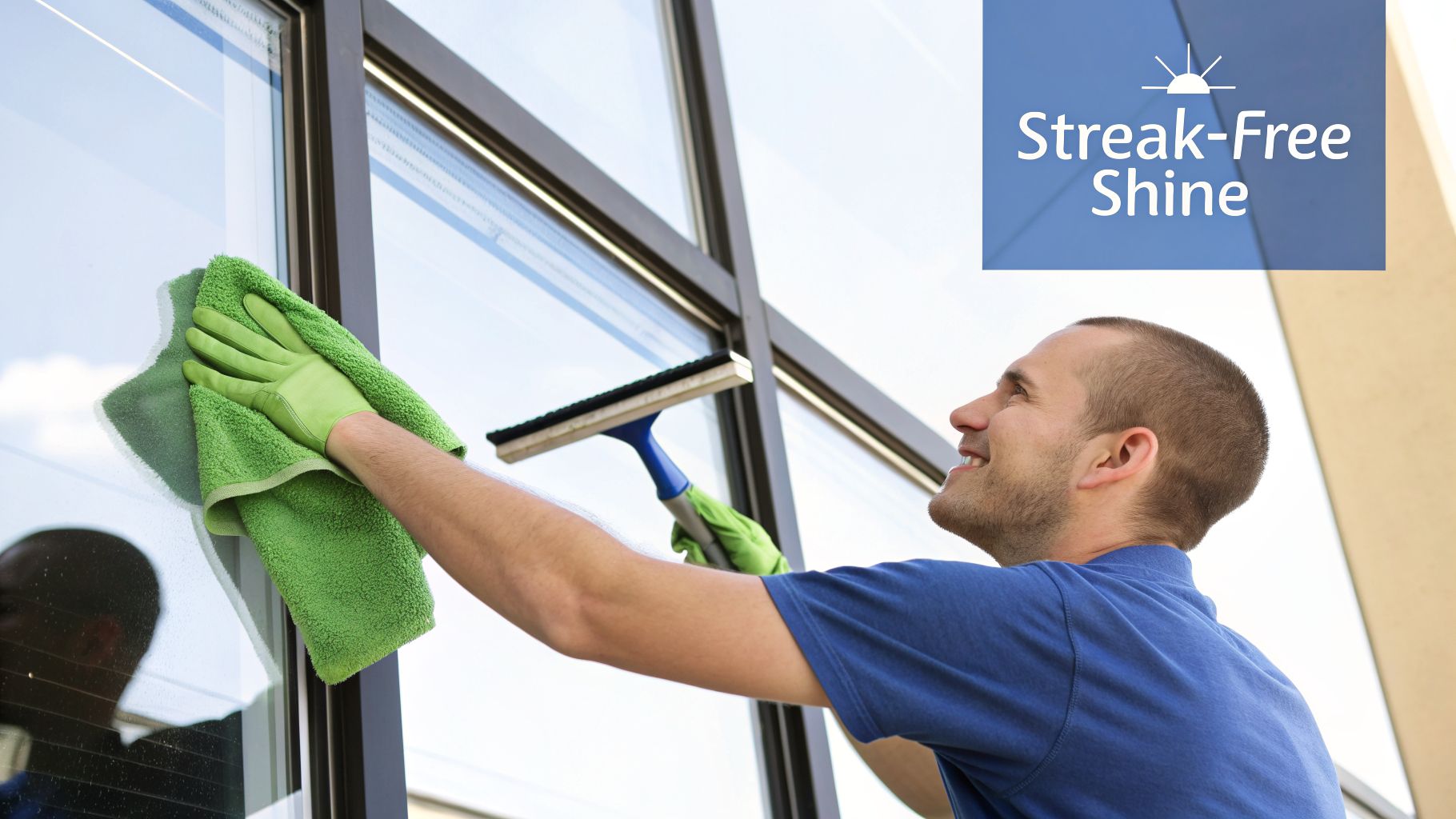A smiling man wearing green gloves cleans a large window with a microfiber towel and squeegee for a streak-free shine.