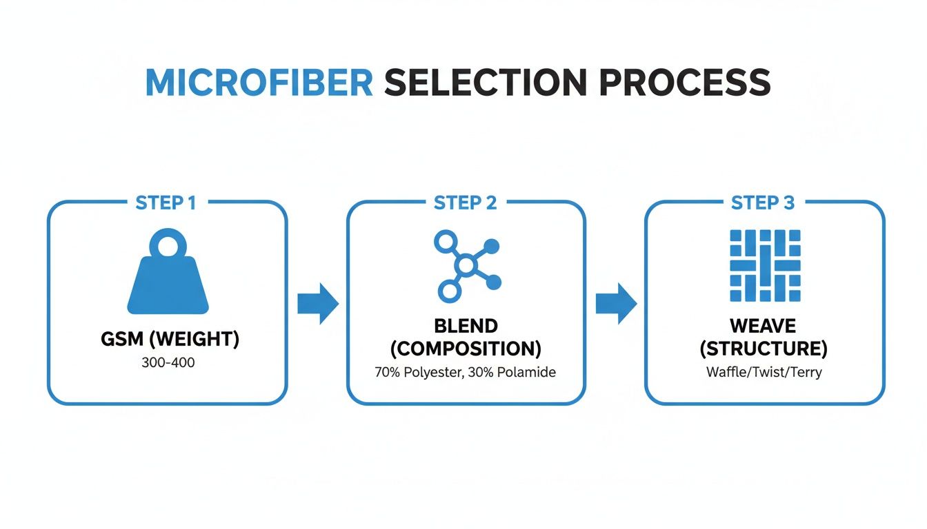 Infographic illustrating the microfiber selection process, covering weight (GSM), blend composition, and weave structure.