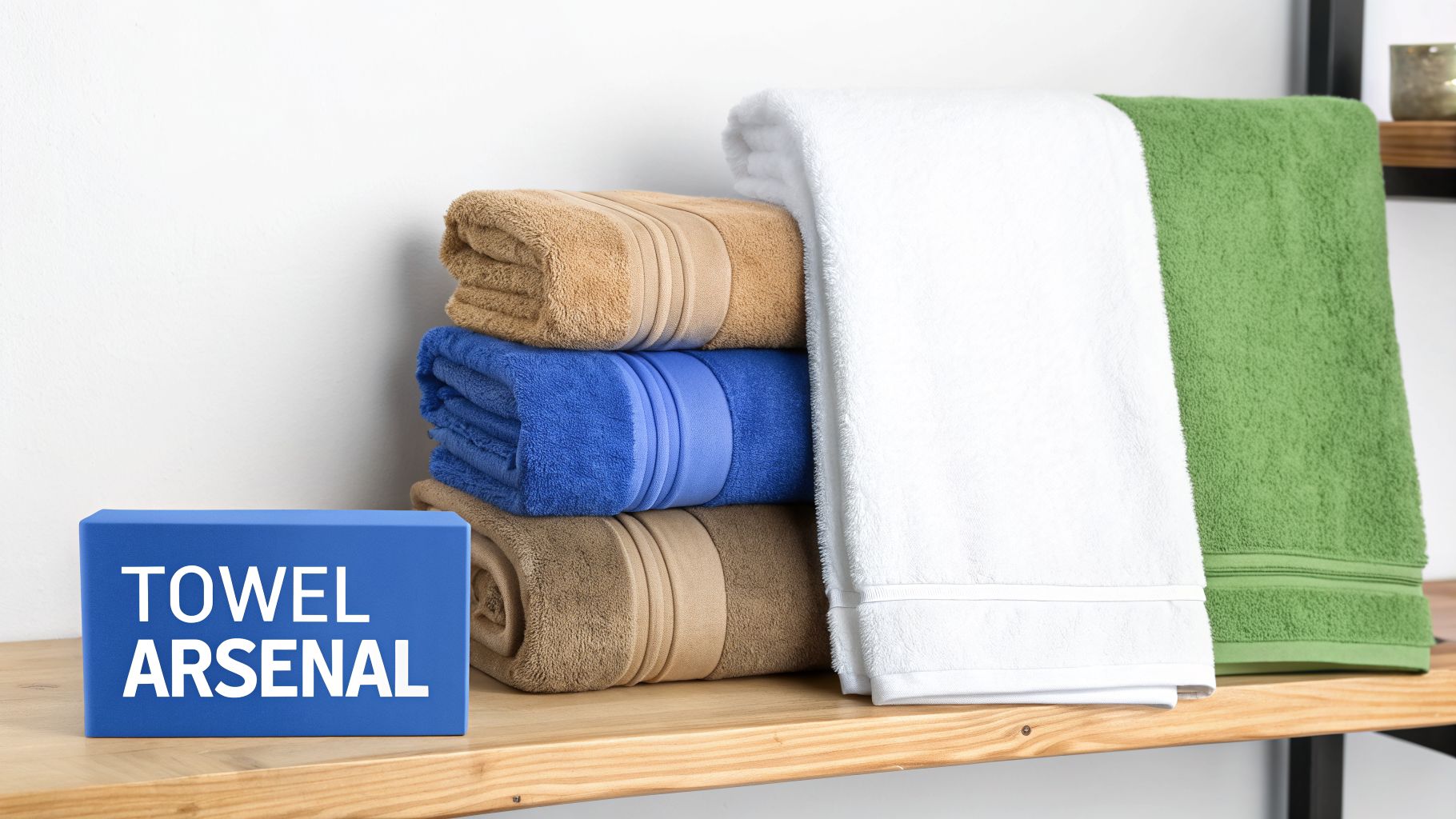A stack of brown, blue, and brown folded towels with white and green draped towels on a wooden shelf.