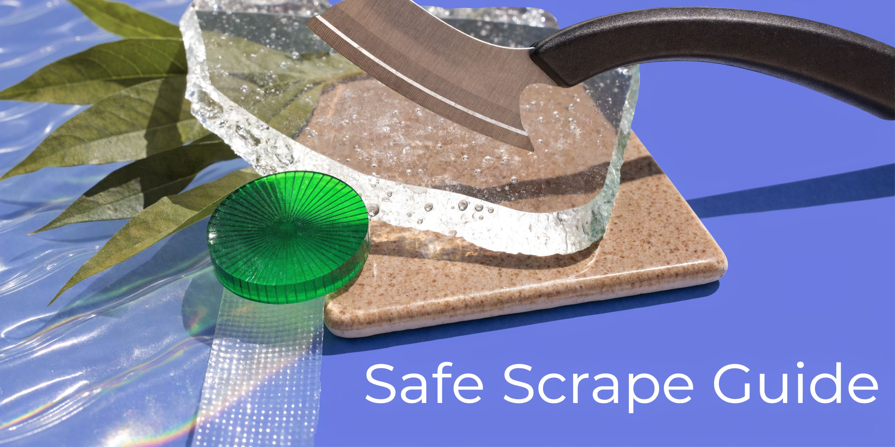 A sharp scraping tool resting on a piece of clear textured glass atop a tan tile