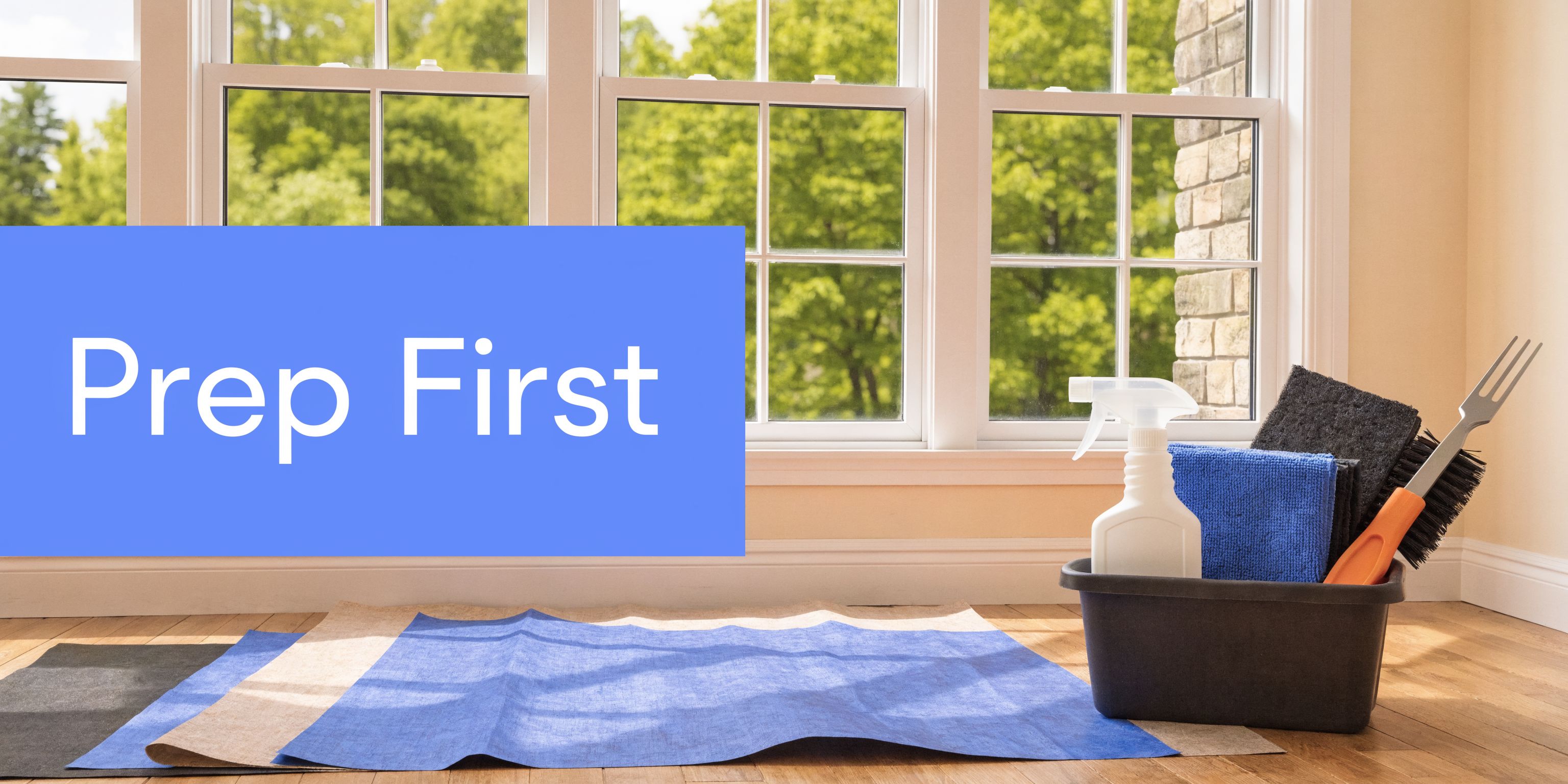 Cleaning supplies and drop cloths positioned on a wooden floor in front of a bright window.